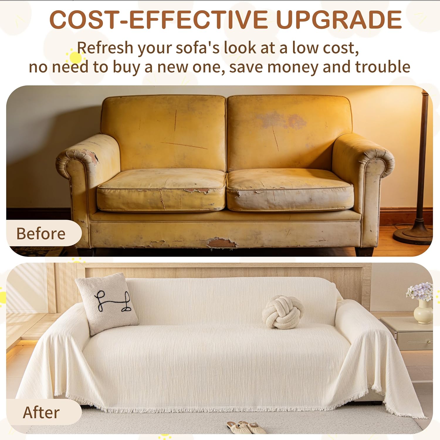 Couch Covers Sofa Cover for 3-4 Cushion Washable, Loveseat Slipcovers for Dogs, Pet L Shape Sectional Sofa Protector, Boho Couch Cover Blanket, Vertical Slub Chenille, White, 91"x150"