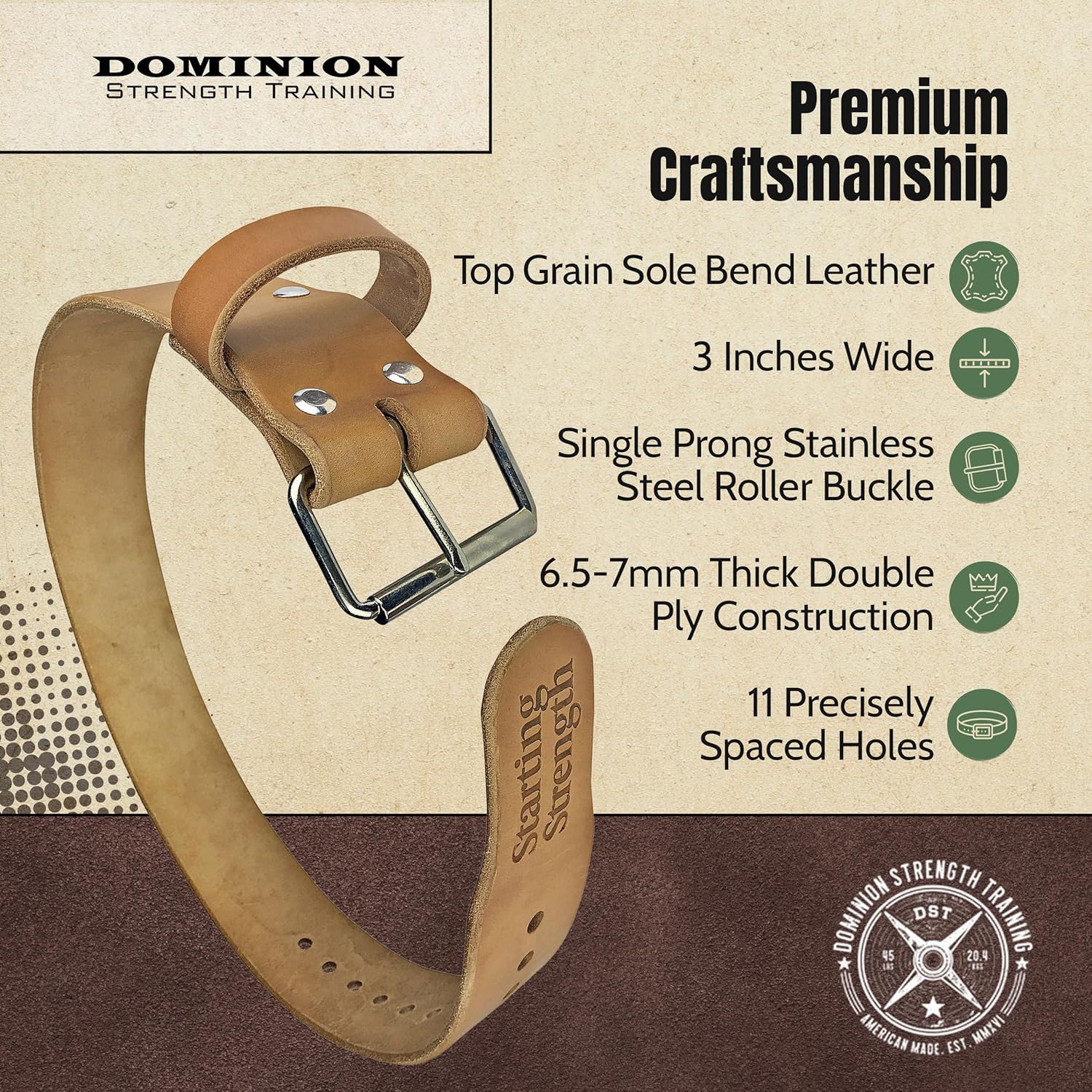 Leather Weight Lifting Belt - Hand Crafted In USA – Starting Strength - Powerlifting Support - Single Ply - 3-Inch Wide, 6mm Thick - Stainless Steel Roller Buckle