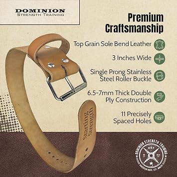 Leather Weight Lifting Belt - Hand Crafted In USA Starting Strength - Powerlifting Support - Single Ply - 3-Inch Wide, 6mm Thick - Stainless Steel Roller Buckle