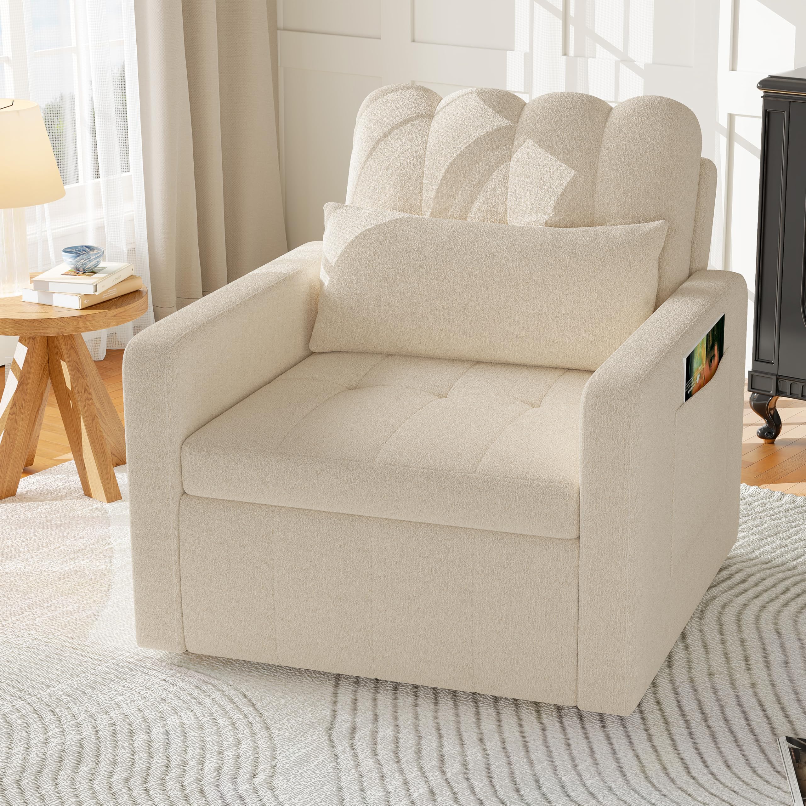 Sofá Cama Convertible de 1 Plaza 3 en 1 sillón Convertible con función Cama, Respaldo Ajustable, Mesa Auxiliar Plegable, colchón, cojín y Bolsillos, sofá Cama Plegable para apartamento pequeño