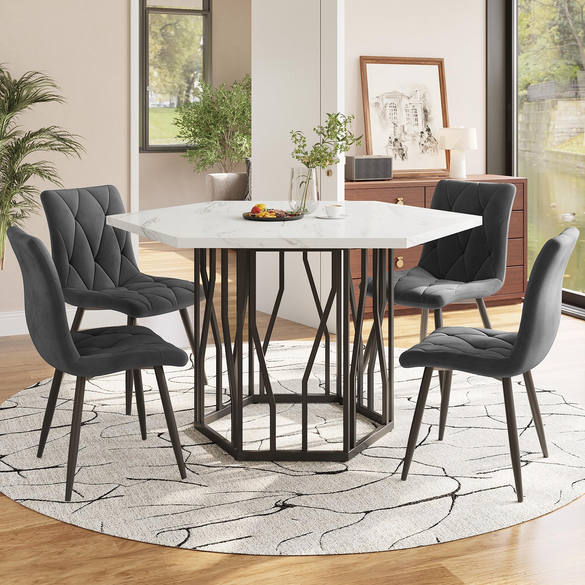 Mesa de Comedor con Juego de 4 Sillas de Terciopelo Moderno Tablero Hexagonal con Aspecto de Mármol Juegos 5 Piezas para 4 Personas para Sala de Estar Restaurante Grupo de Asientos Negro + Gris