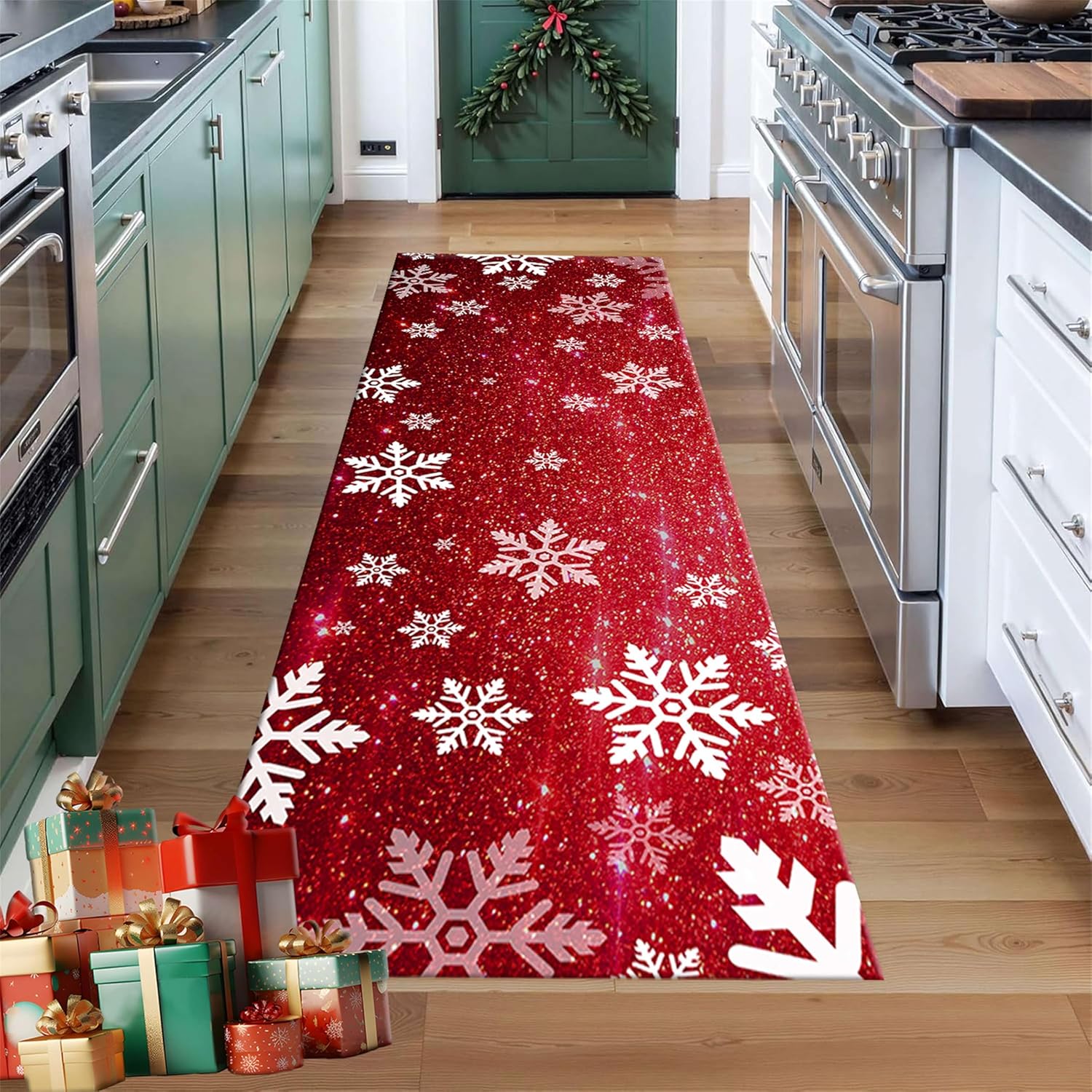 Snowflake Decor Runner Rug Red Merry Christmas Non-Slip Mat Kitchen Soft Washable Non Shedding Indoor Throw Rug for Entryway Laundry Bedroom Holiday Decor Bathroom, 2x4ft