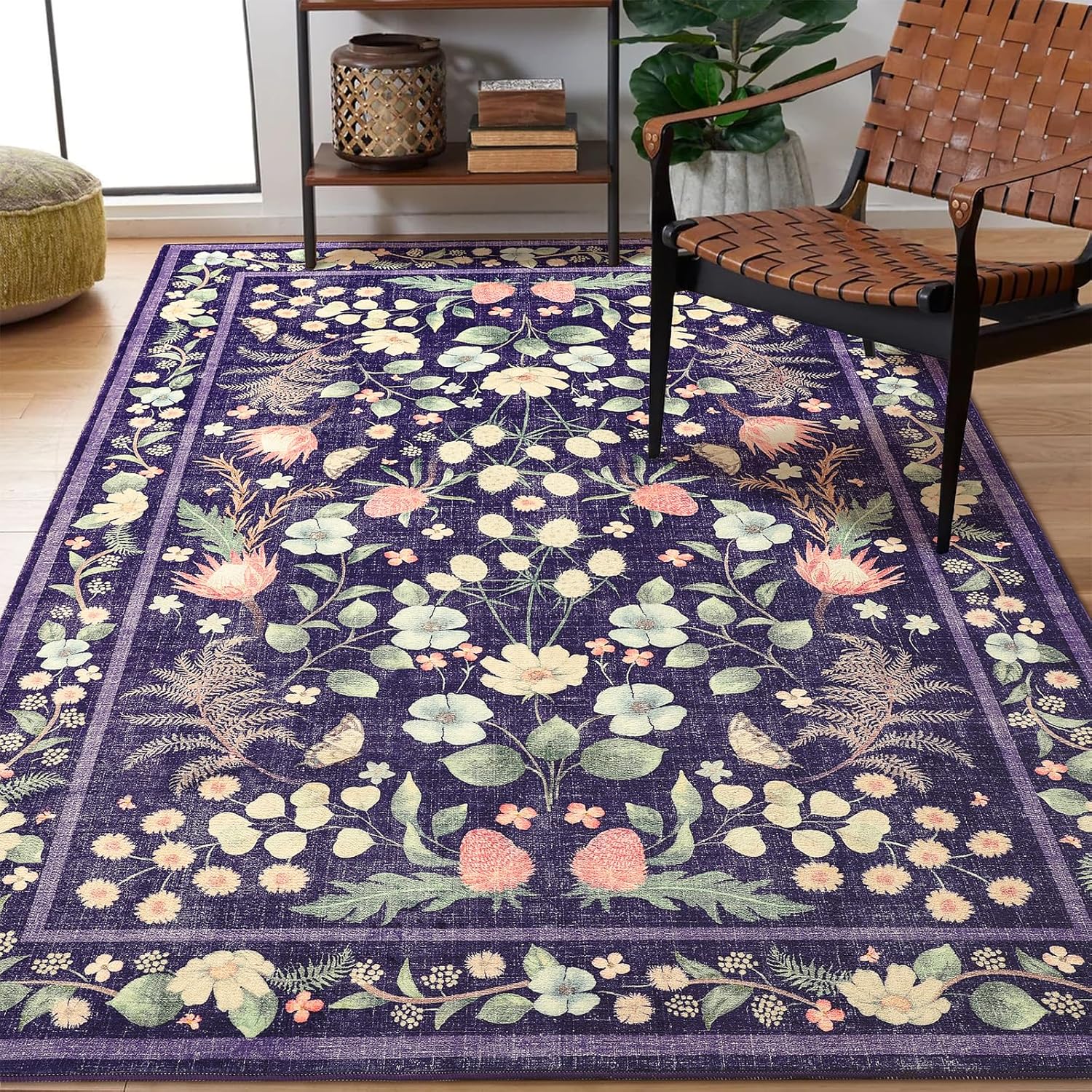Przemy Area Rugs for Living Room, 4x6 Washable Rug Floral for Kid's Bedroom, Non Slip Rustic Carpet for Office Bedside Entryway Kitchen, Purple