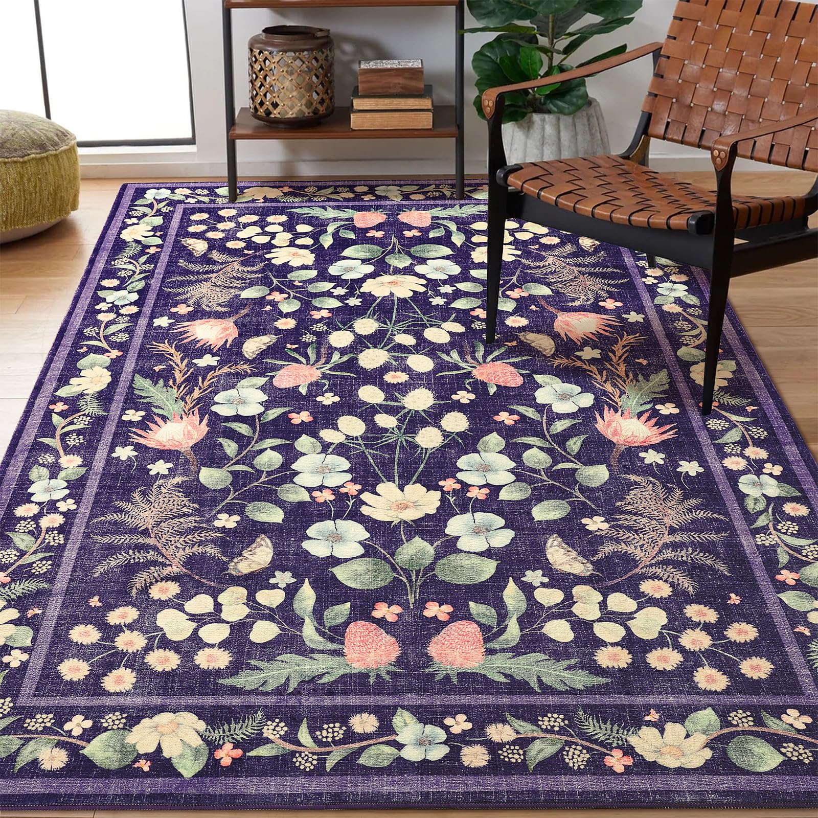 Przemy Rugs for Bedroom Living Room 4x6 Washable Boho Area Rug, Shag Non Slip Low Pile Carpet, Floral Vintage Floor Rug for Kids Dorm Nursery Office Playroom Indoor Decor, Purple