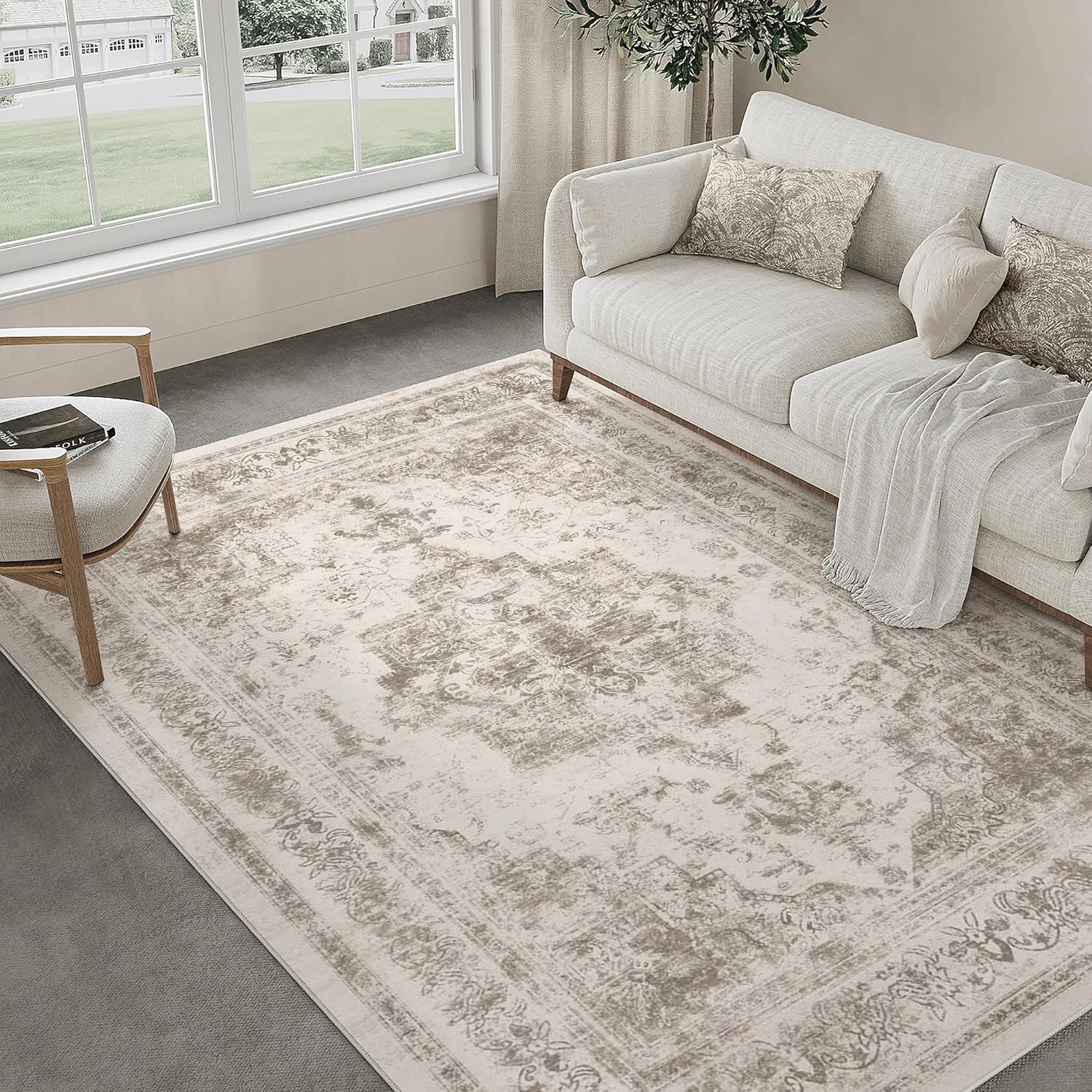 Area Rug 5x7 Washable Taupe Rug Vintage Boho Medallion Large Distressed Retro Carpet for Living Room Non Slip Indoor Low Pile Small Soft Bedroom Dining Room Home Office