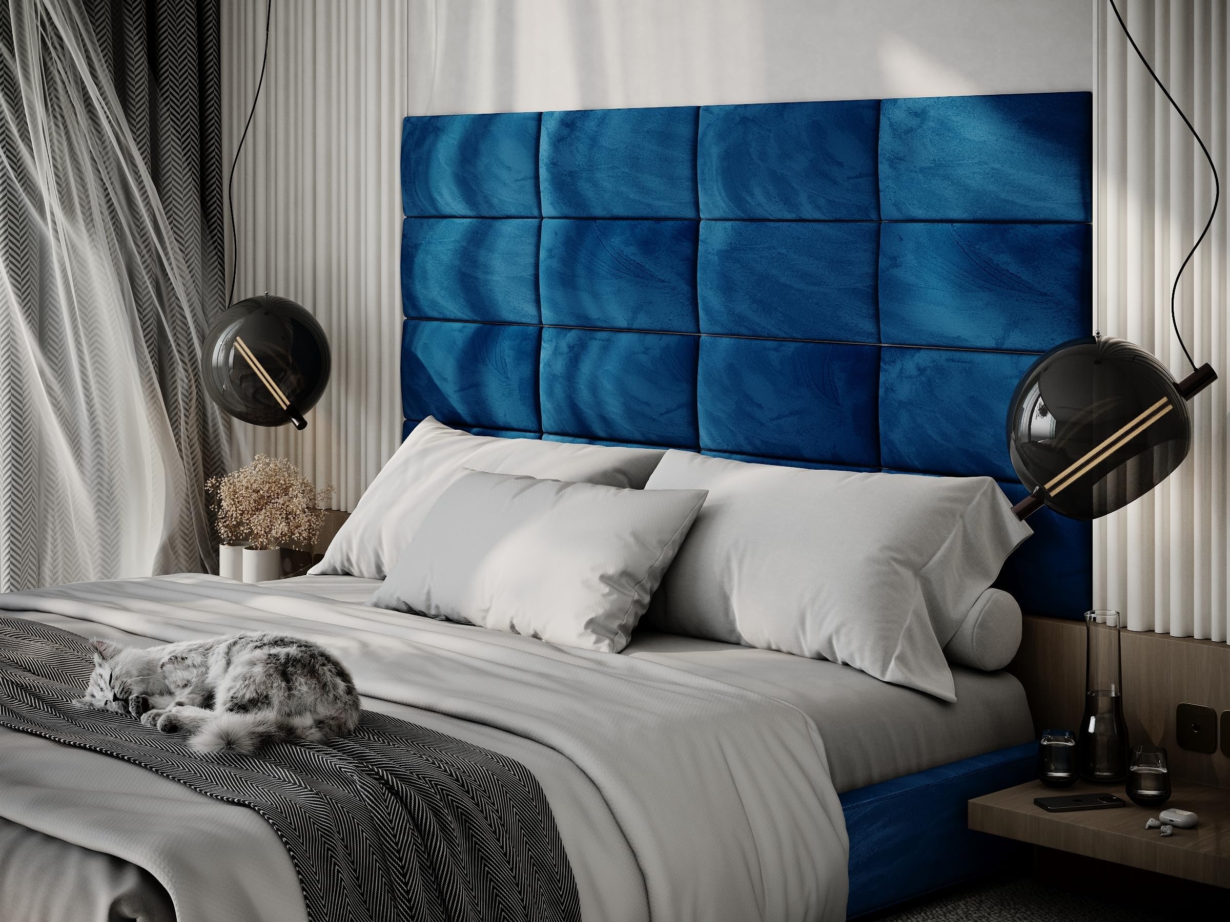 2 Pack — Upholstered Decorative Wall Panels Velvet Headboard Padding | Cushioned Planks | Padded Decor Collision Avoidance | Acoustic Soundproofing Treatment | (Blue, 2x Rectangle (25x50cm))