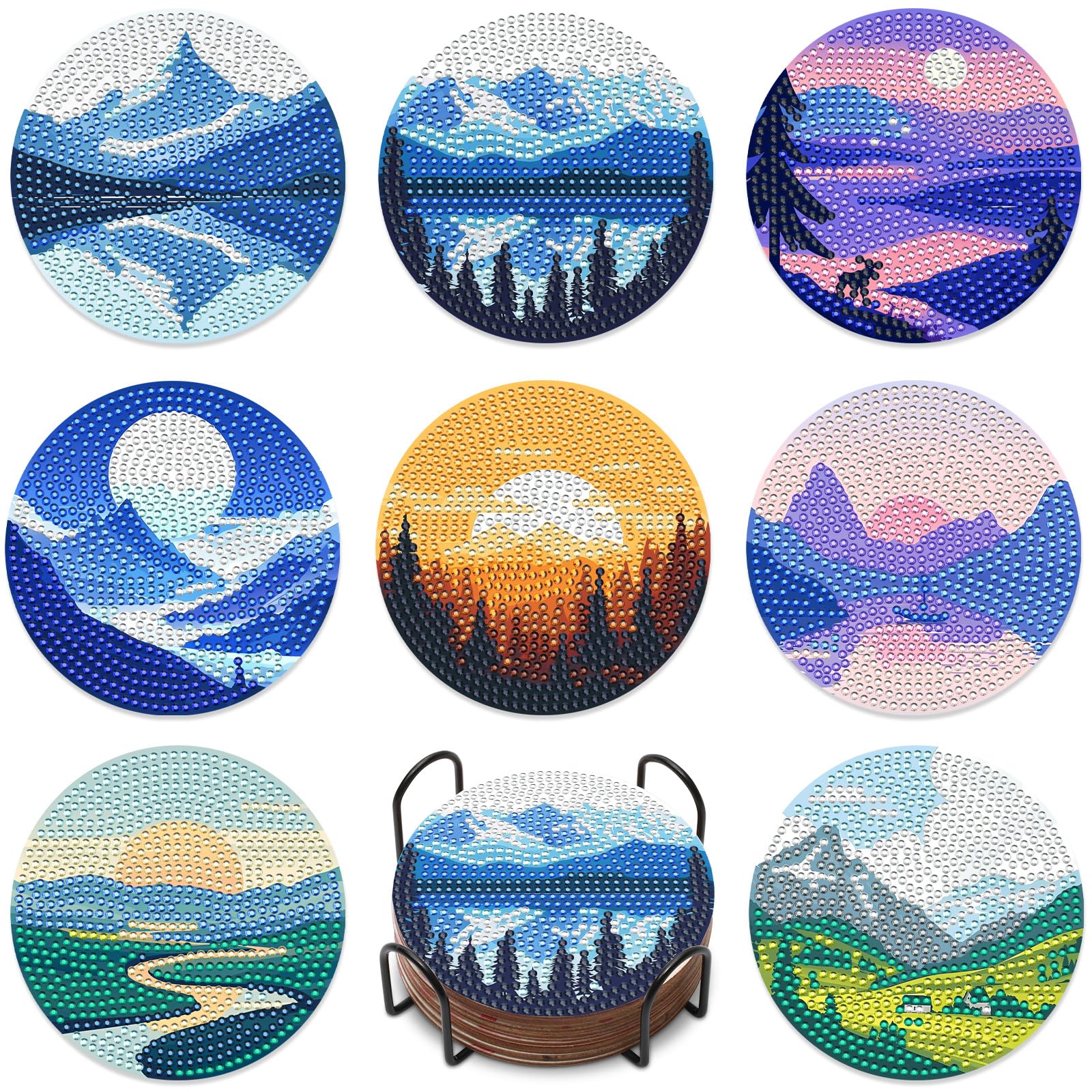 8PCS Landscape Diamond Art Coasters Set DIY Diamond Coasters Kit Office Home Kitchen Scape Cup Diamonds Painting Coaster