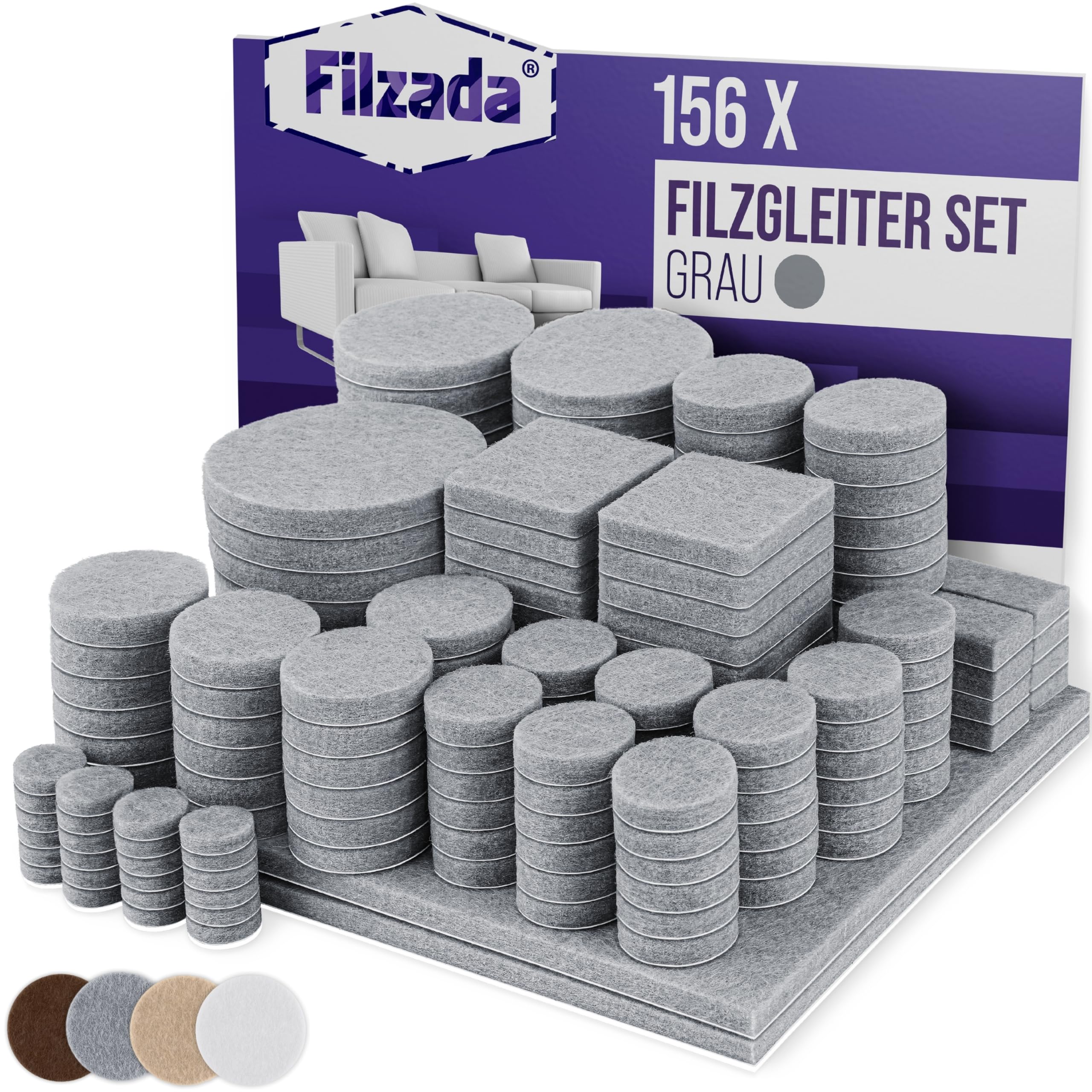 Filzada® Filzgleiter Set 106 & 156 Stück Braun, Beige, Weiß - Möbelgleiter | Filzgleiter Selbstklebend, Stuhlgleiter - Bodenschutz Parkett, Laminat, Fliesen - starke Klebkraft - geräuscharm