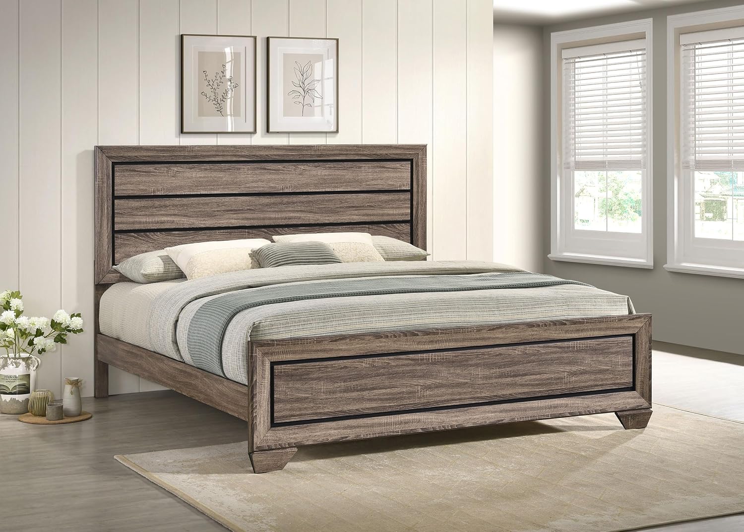 Coaster Home Furnishings - Kauffman - Wood - Eastern King Panel Bed with Horizontal Planked Headboard, Framed Case Front, and Tapered Feet - Bedroom - Washed Taupe - 204191KE