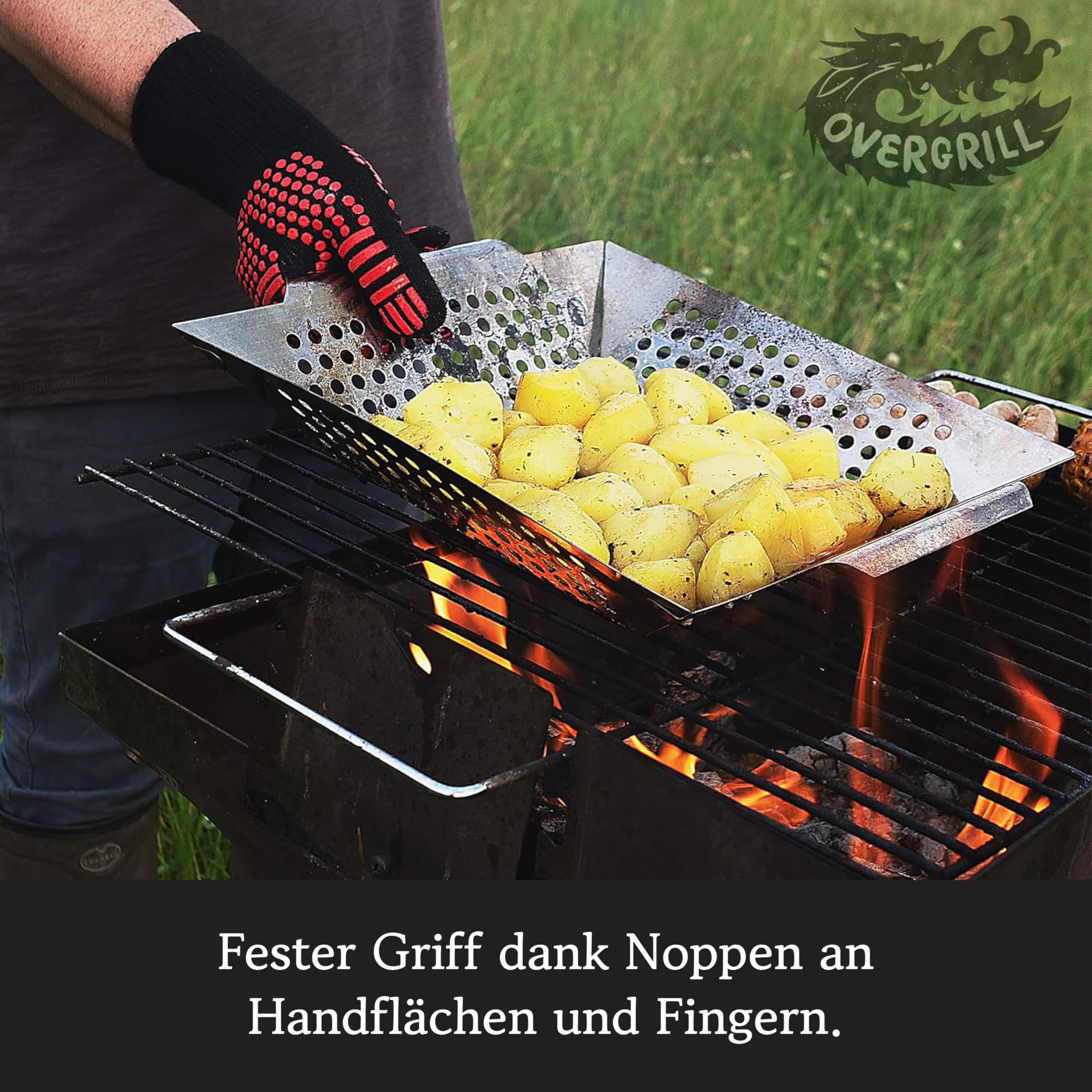 Feuerfeste Handschuhe : 2x BBQ Grill Handschuh – 800 Grad Hitzeschutz – Herren Hitzebeständig – – Kaminhandschuhe feuerfest – Unisex Ofenhandschuhe OVERGRILL Garten