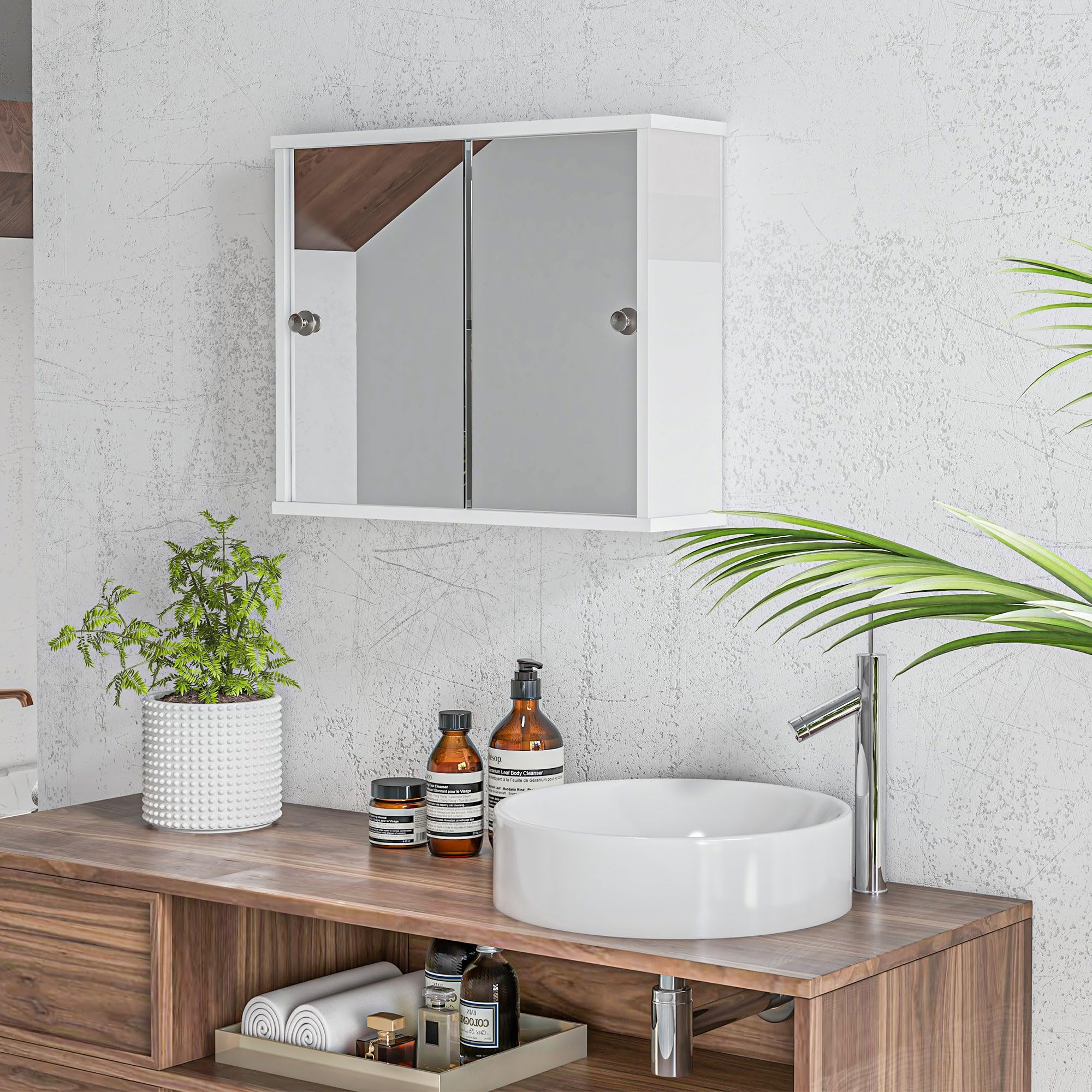 kleankin Armario con Espejo de Baño Mueble Colgante para Baño con Estante Ajustable y Puerta Corredera Doble para Dormitorio 55x15x45 cm Blanco Brillante