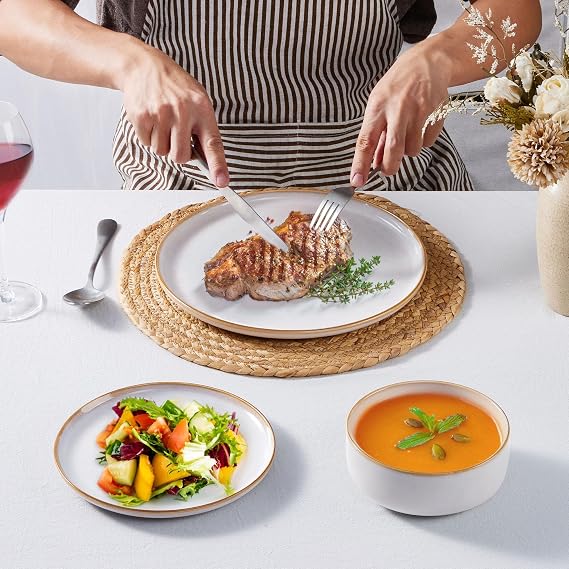Homikit 12Pcs Dinner Set, Reactive Glaze Stoneware for 4, Cappuccino Beige