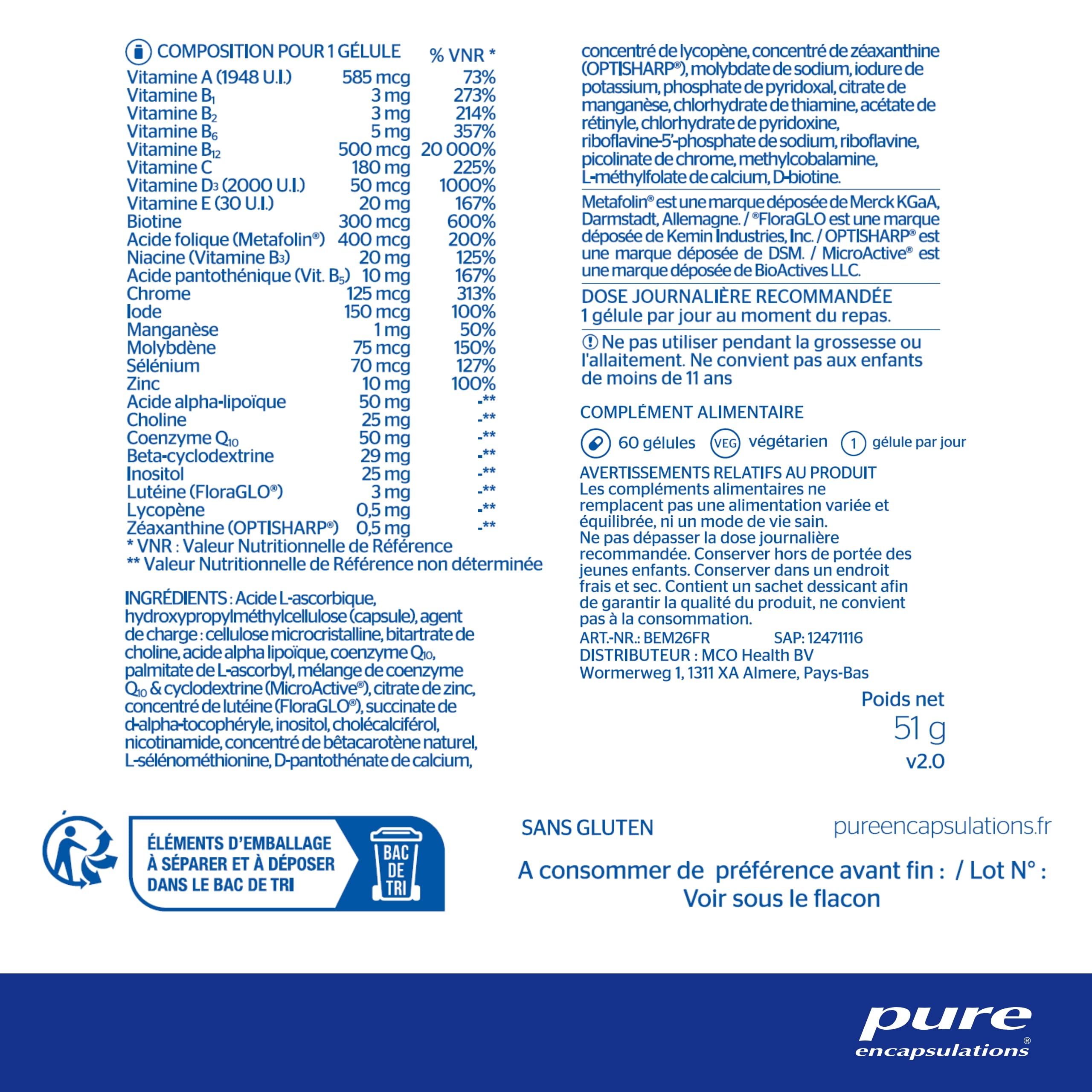 Pure Encapsulations - Multivitamines et Minéraux One Multi - Vitamines A, B, C, D, E et K - Multi-Vitamines Homme et Femme - Végétarien - 60 Gélules | 12 Vitamines (A, B, C, D, E, K), 7 Minéraux, 26 nutriments en 1 Gélule, Dosages Optimaux, Végétarien, Co