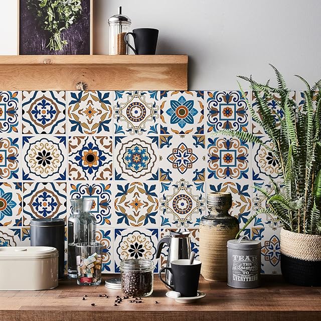 Moroccan Tile Stickers for Kitchen 24 pcs Bathroom Tile Stickers Self Adhesive Wall Tiles Stick On Wall Waterproof Oil-Proof Vintage Mosaic Art (15cm x 15cm, 6x6 inches) for Stairs (Blue Orange 2)