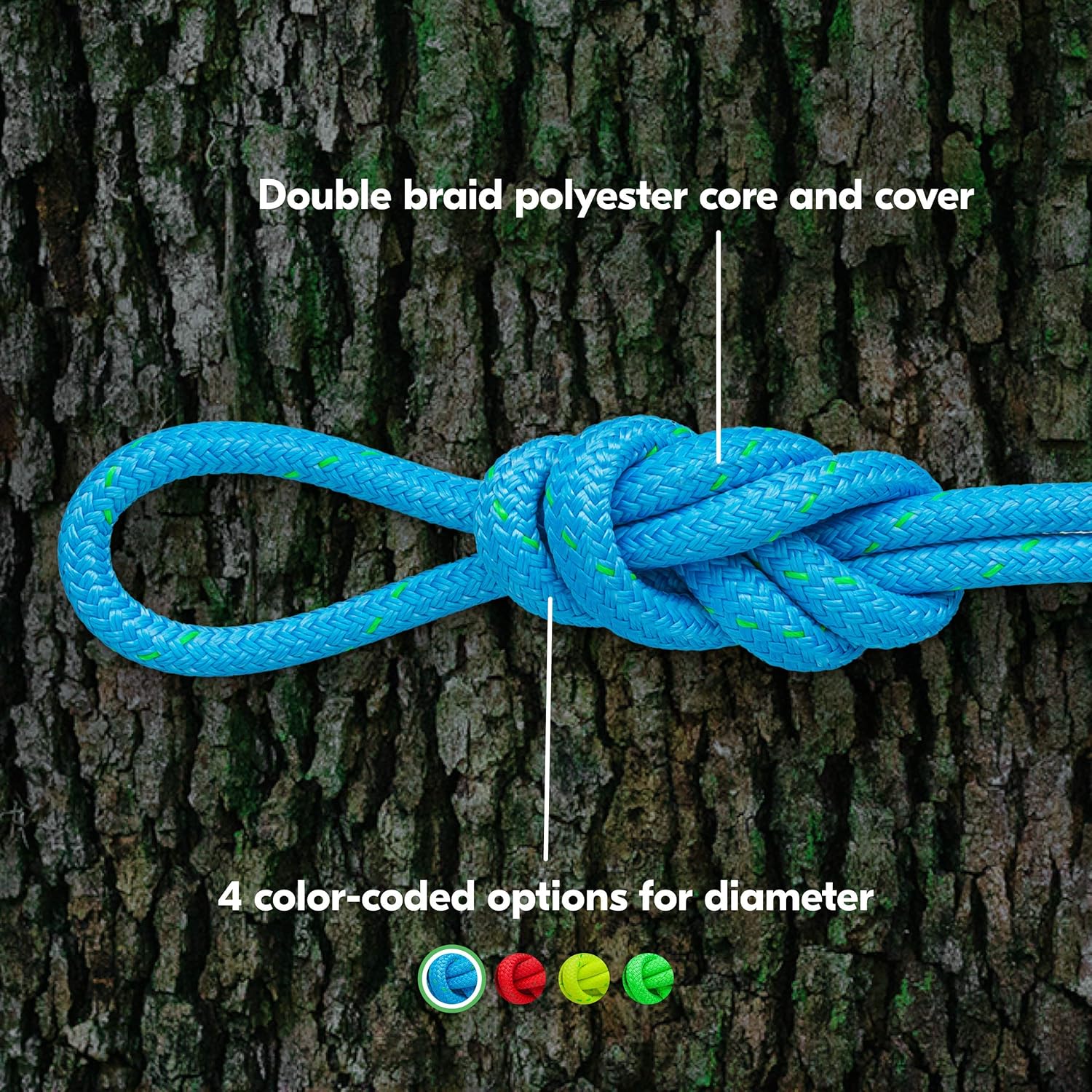 1/2" (12mm) Double Braid Polyester Arborist Bull Rope - Neon Blue Coated - 600 Feet