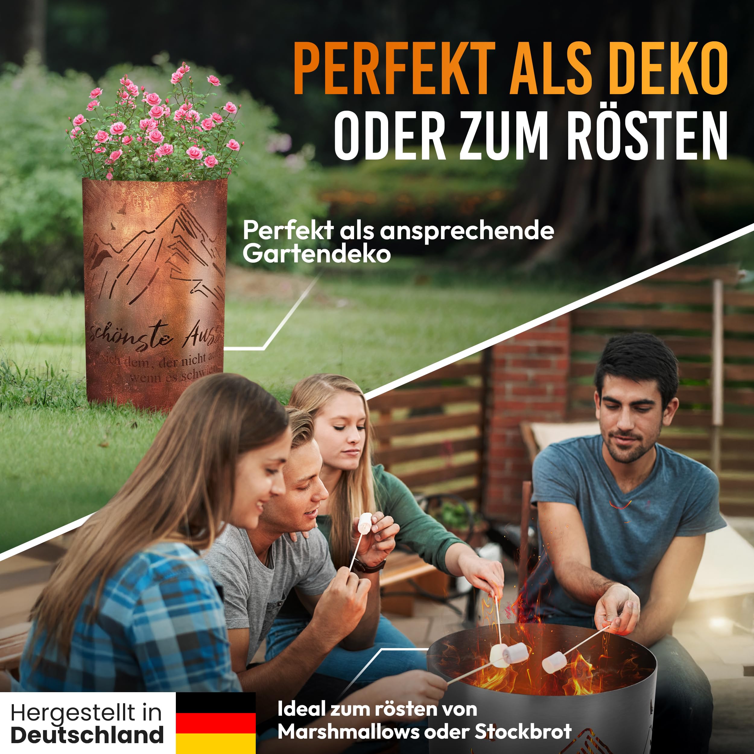 TiKo-Design® Feuertonne Feuerkorb mit Berge Motiv & Spruch