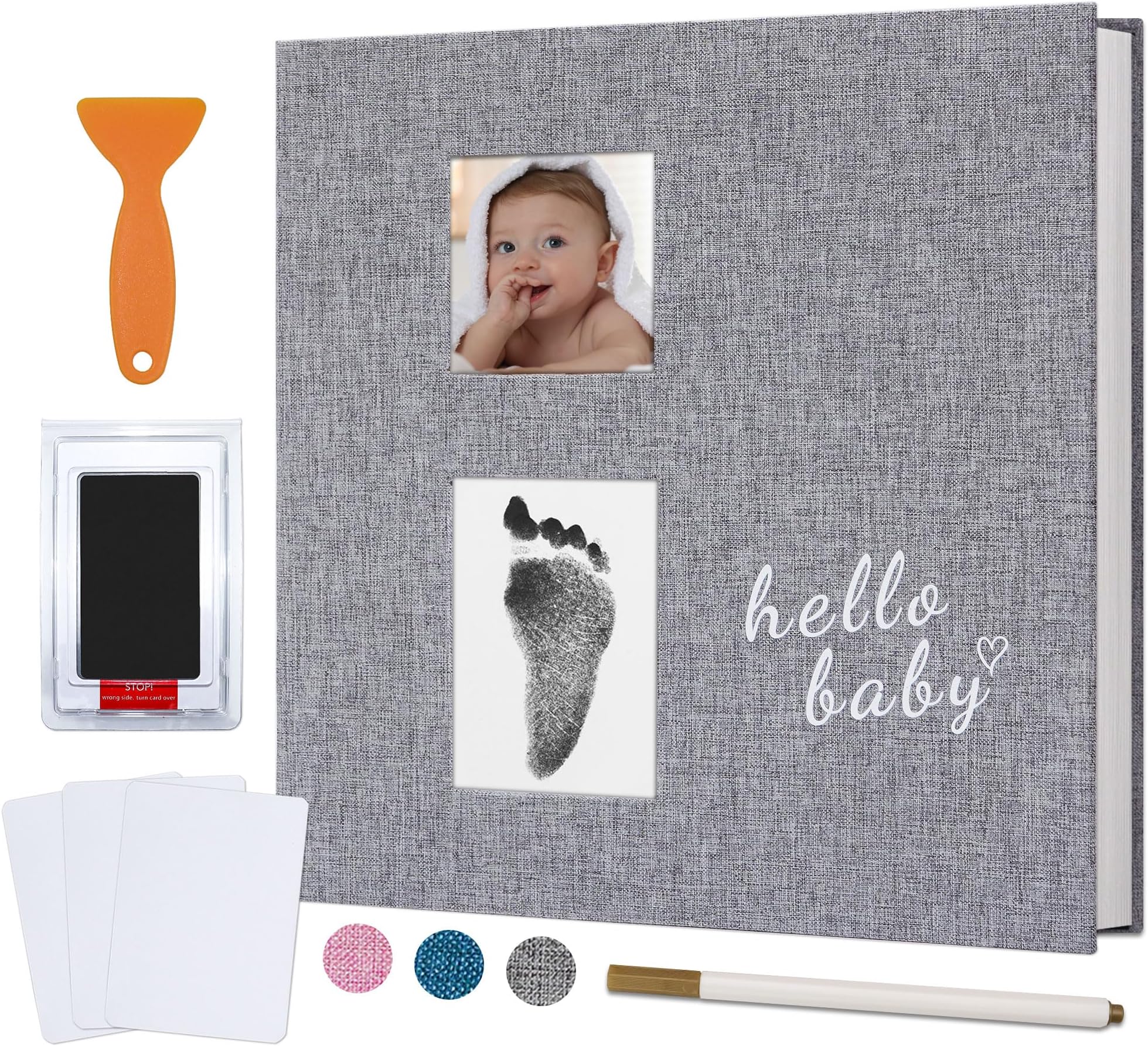 Vienrose Baby Self Adhesive Photo Album 11x10.6 In 40 Pages Grey | Handprint footprint, Metallic pen, 4x6 photos, Two windows, Scrapbook kit