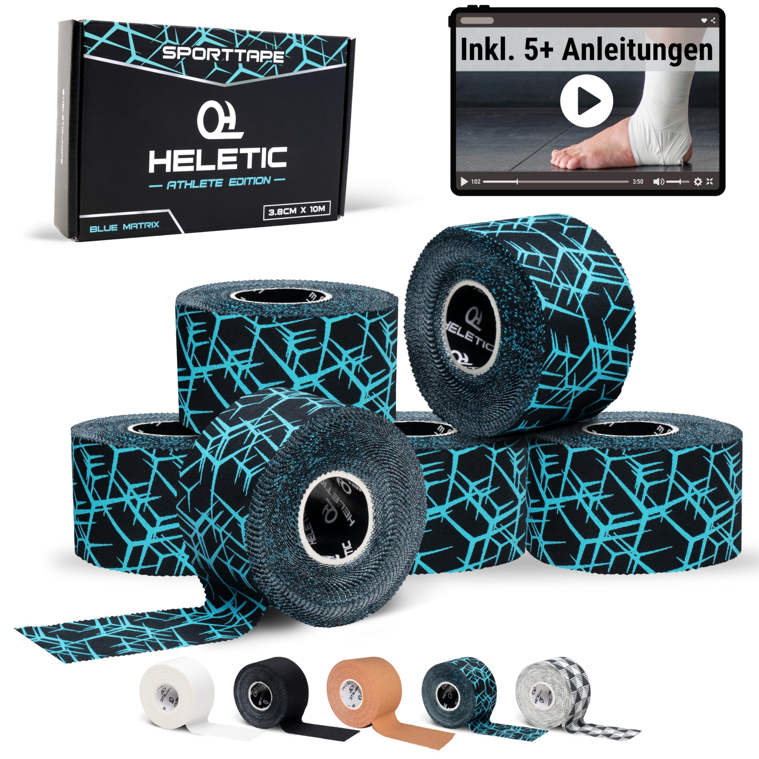 HELETIC Sporttape 3,8cm x 10m Athlete Edition - starres Tape, extra Starke Klebkraft, leicht abreißbar & wasserabweisend - inkl. Taping Video Anleitungen