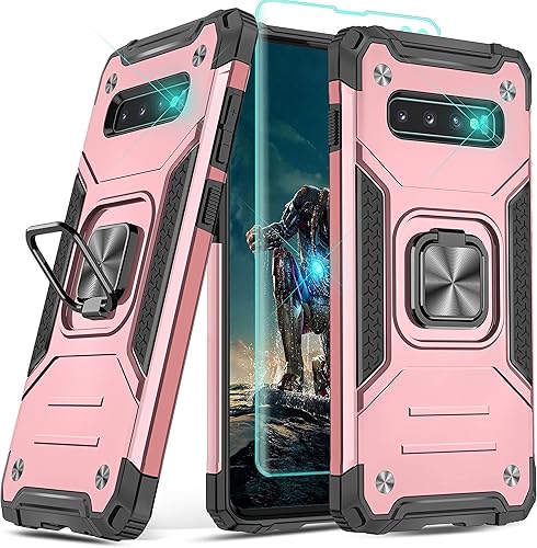 YmhxcY Funda para Galaxy S10 Plus, Samsung S10+ Plus con protector de pantalla curvado 3D, funda de grado armadura con soporte giratorio,