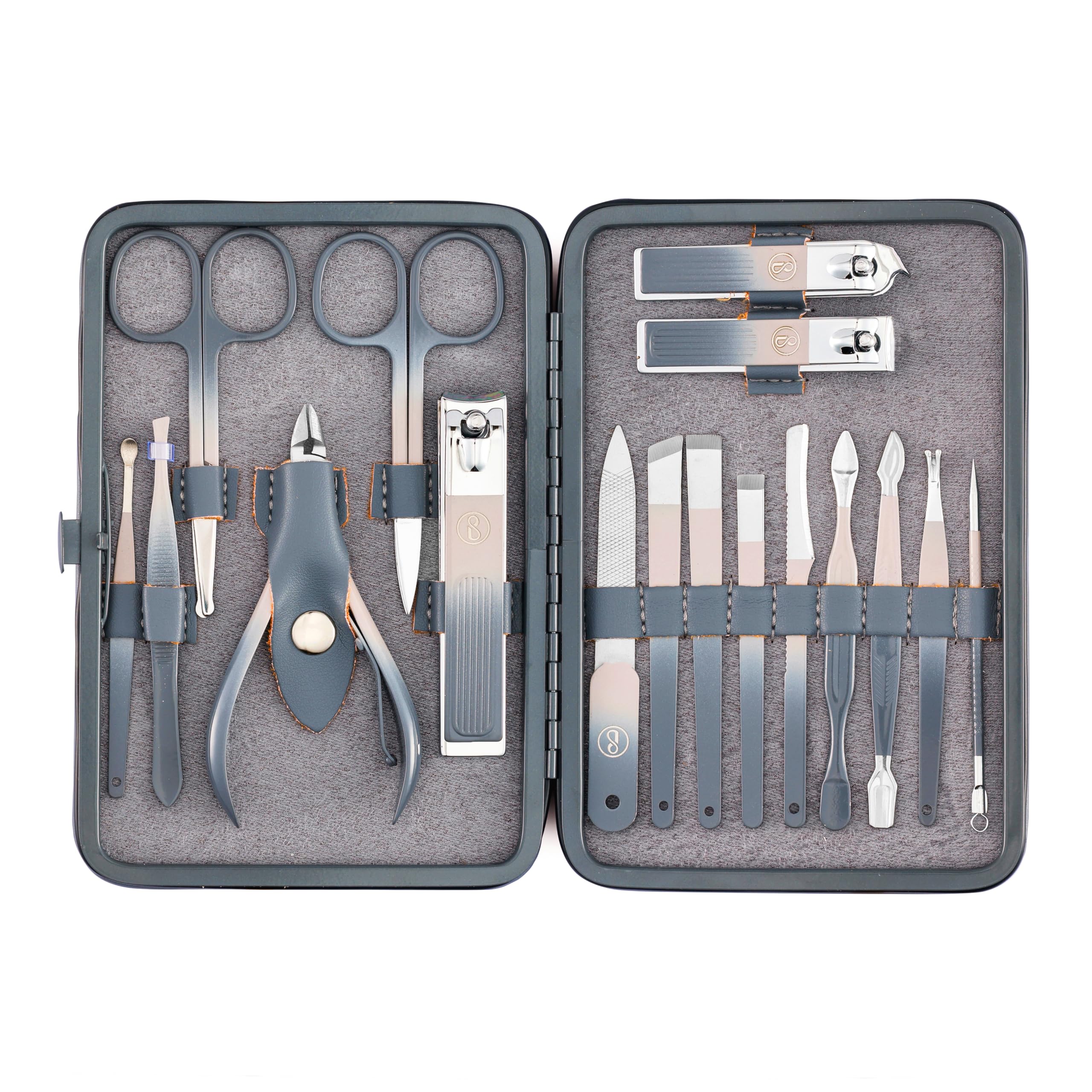 Beauté Secrets Nail Cutter Set – 17-in-1 Manicure Pedicure Kit for Men & Women | Premium Stainless Steel Nail Clipper Set with Cuticle Trimmer, Grooming Tools & Leather Case | Gift for Men, Nail Art Kit, Grey