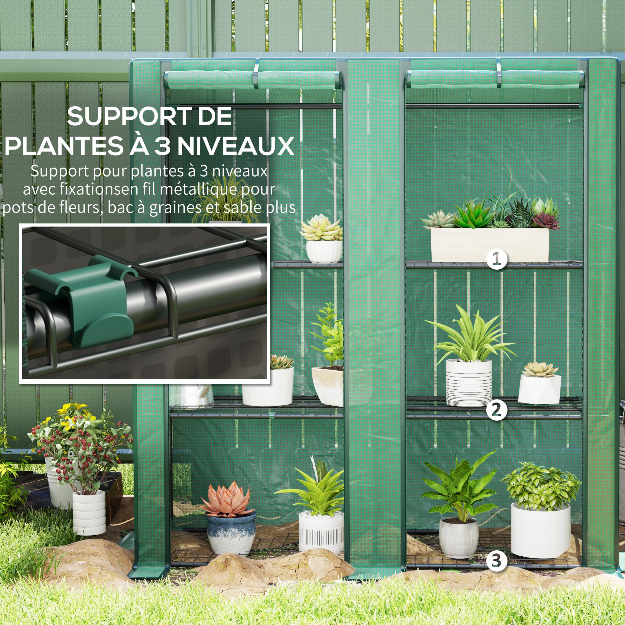 Outsunny Serre de Jardin PE avec Étagères 3 Niveaux 144 x 48 x 152 cm Vert | Serre de Balcon, Bâche Renforcée 140 g/m², Châssis en Acier, 2 Portes Zippées Enroulables, pour Légumes Plantes Fleurs