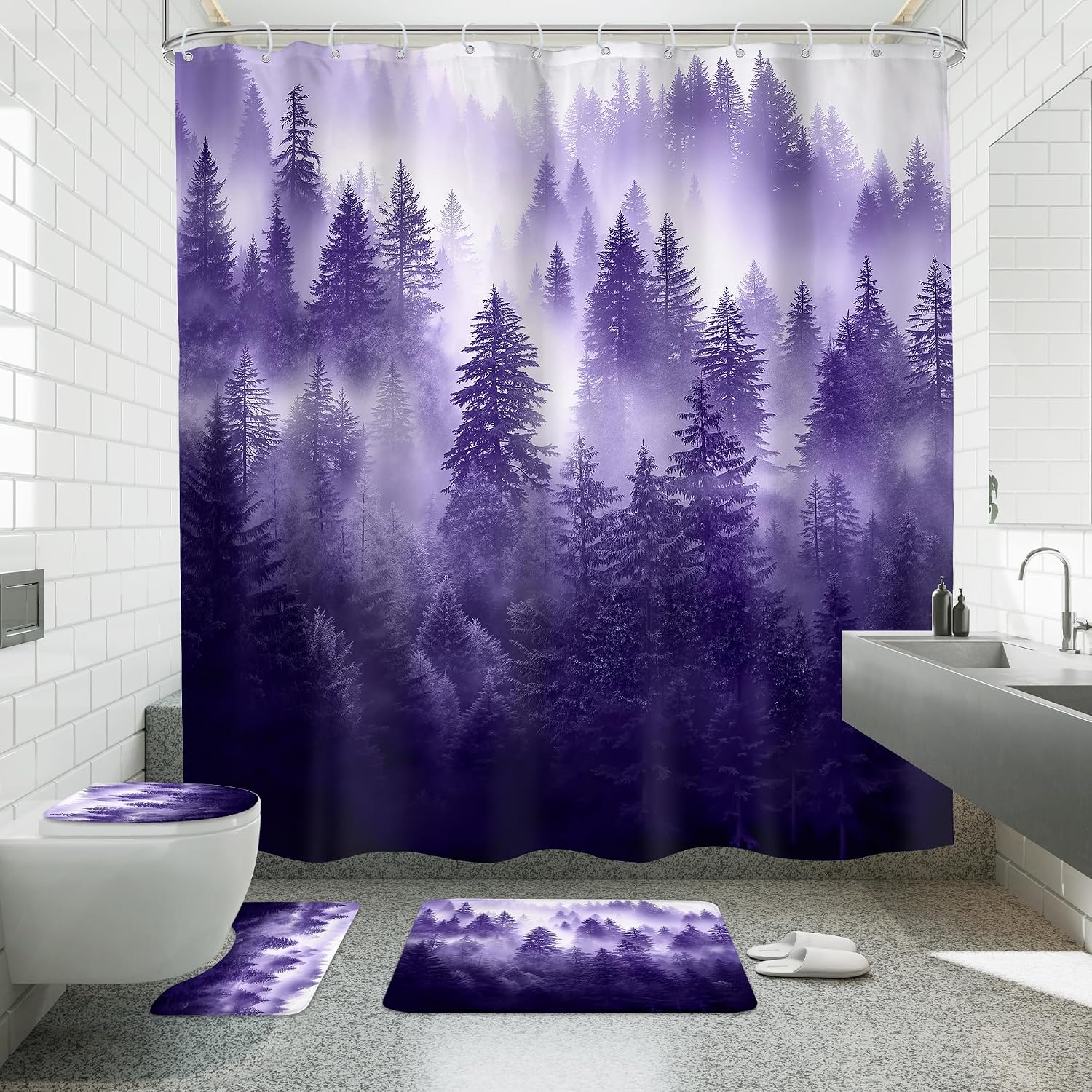 4 PCS Purple Misty Mountain Shower Curtain Set 72Wx72H Nautre Tree Summer Woodland Natural Complete Bathroom Set Non-Slip Bath Rug Toilet Lid Cover U Shape Mat with 12 Hooks