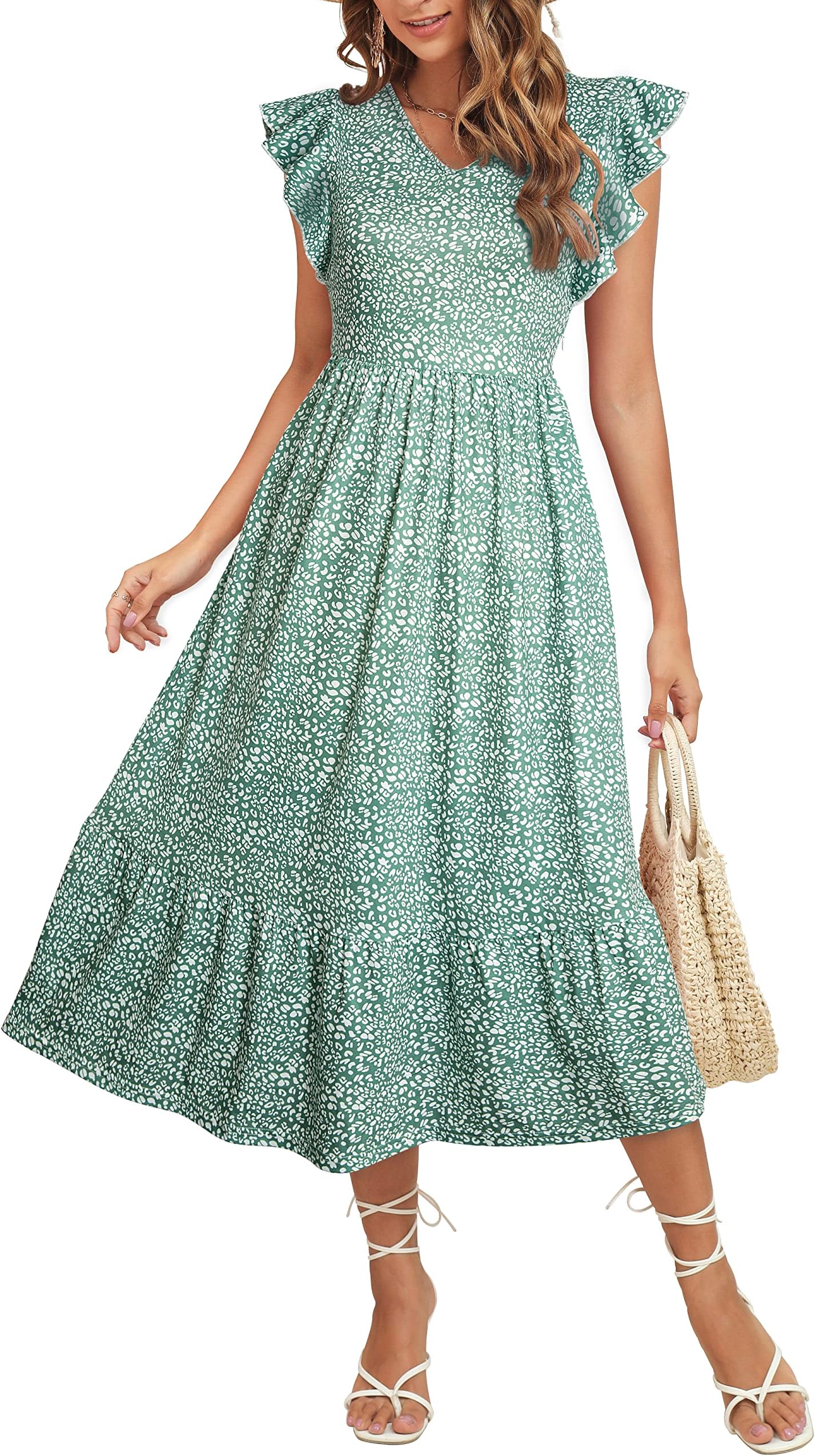YATHON Casual Dresses for Women Summer Midi Dress Ruffle Sleeve Flowy Tiered Beach Sundress with Pockets