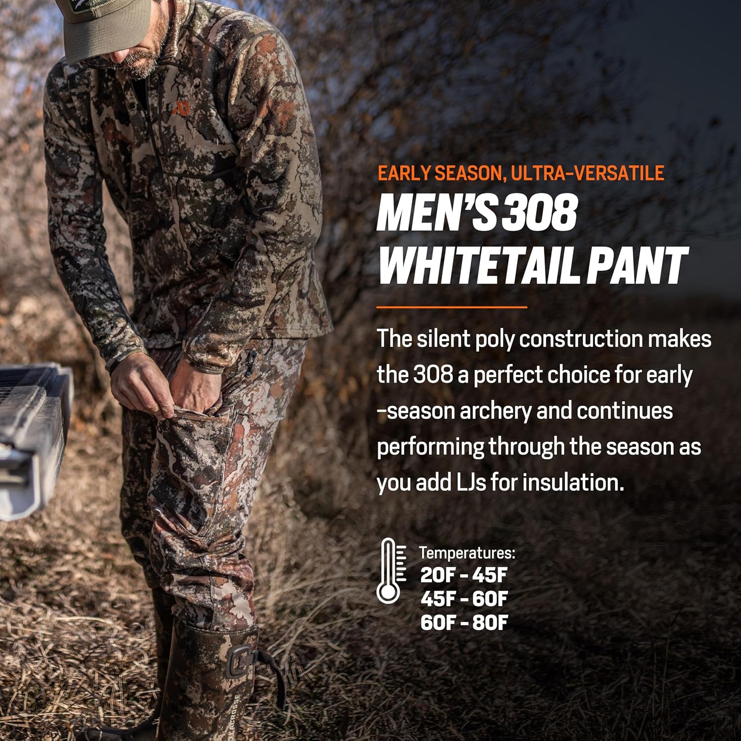 First Lite Men’s 308 Whitetail Pant - Men’s Outdoor 4-Way Stretch Camo Hunting Pants with Hip Vents, Year Round Hunting Gear