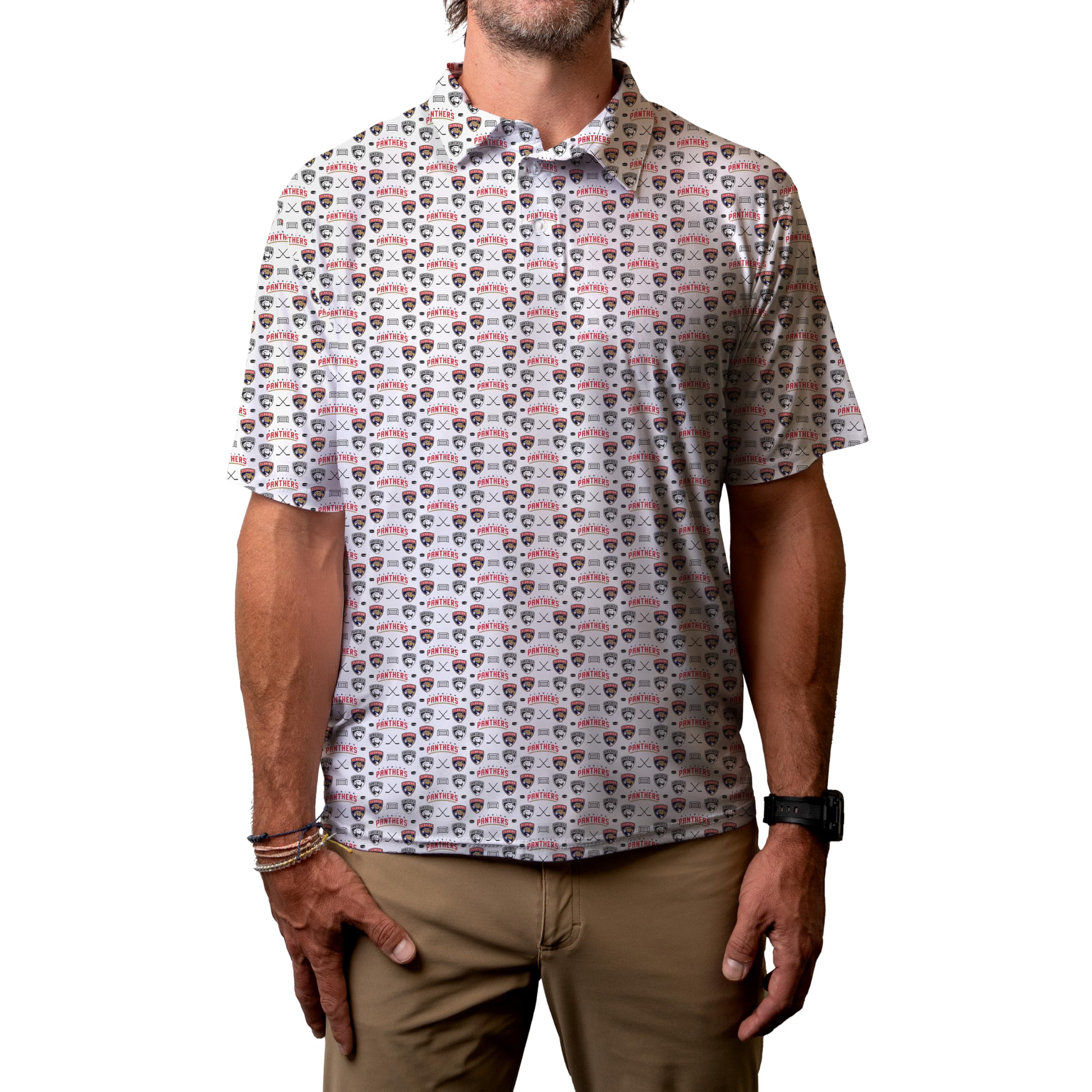 Blue 84 Men's NHL Officially Licensed Short Sleeve Performance Polo All Over Print White