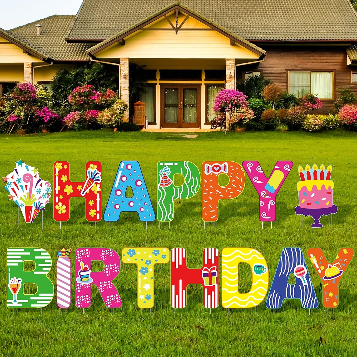 URATOT 15 Pack Colorful Happy Birthday Yard Sign with Stakes Letter Cupcake Birthday Hat Happy Birthday Yard Sign Decorations Outdoor Lawn Decorations