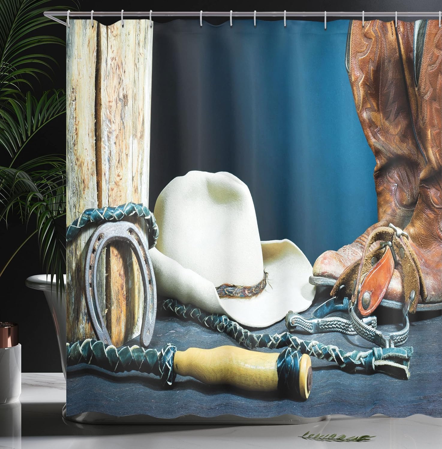 Ambesonne Western Shower Curtain, Backdrop with an Antique Horseshoe and Hat Cowboy Inspired by Texas Photography Style of an Artwork, Fabric Bathroom Decor Set with Hooks, 69" W x 75" L, Blue Brown