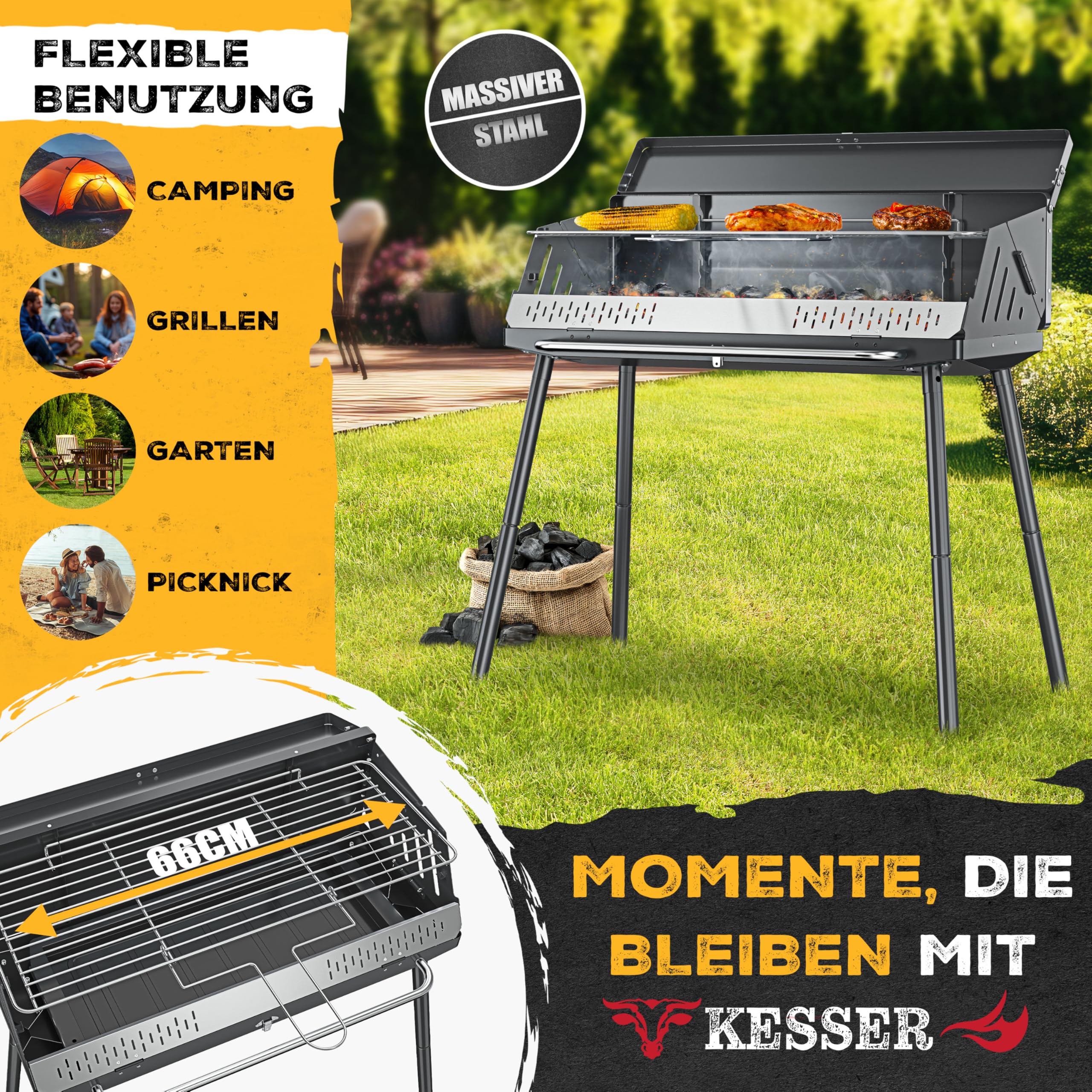 KESSER® Barbecue de camping pliable portable | Barbecue au charbon de bois en acier revêtu par pulvérisation avec grille, tapis et sac de transport