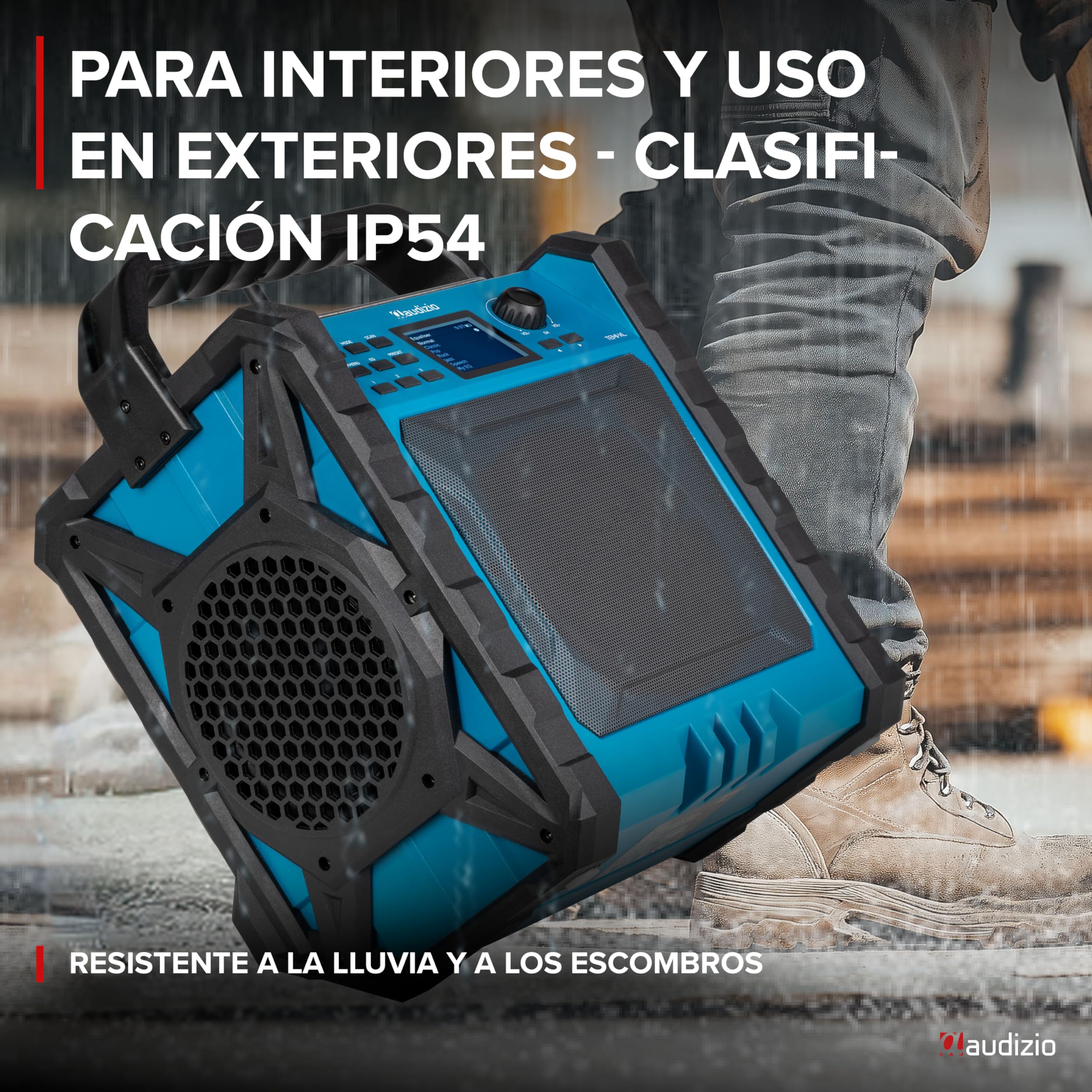 Audizio TEMI XL – Radio de Obra con Bluetooth Dab+ y FM, IP54, batería con duración de hasta 15h, Bandeja magnética y Compartimento para el movil, 200W, Ideal para Taller, jardín, Obra Exterior.