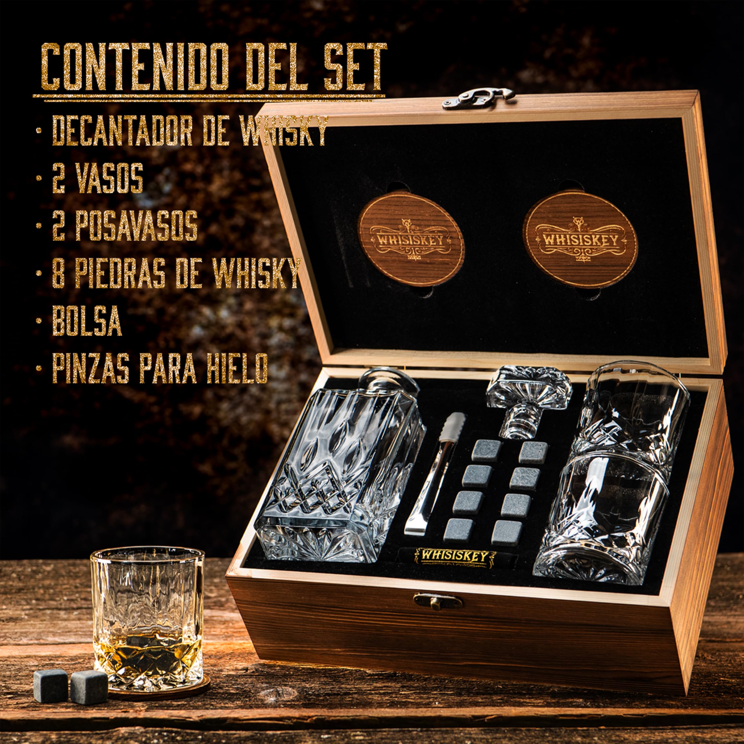 WHISISKEY Decantador de Whisky - Jarra de Whisky - Decantador 700ml - Set de Regalo de Whisky - Regalos Originales para Hombres - 2 Vasos de Whiskey x 310ML, 8 Piedras de Whisky, Accesorios