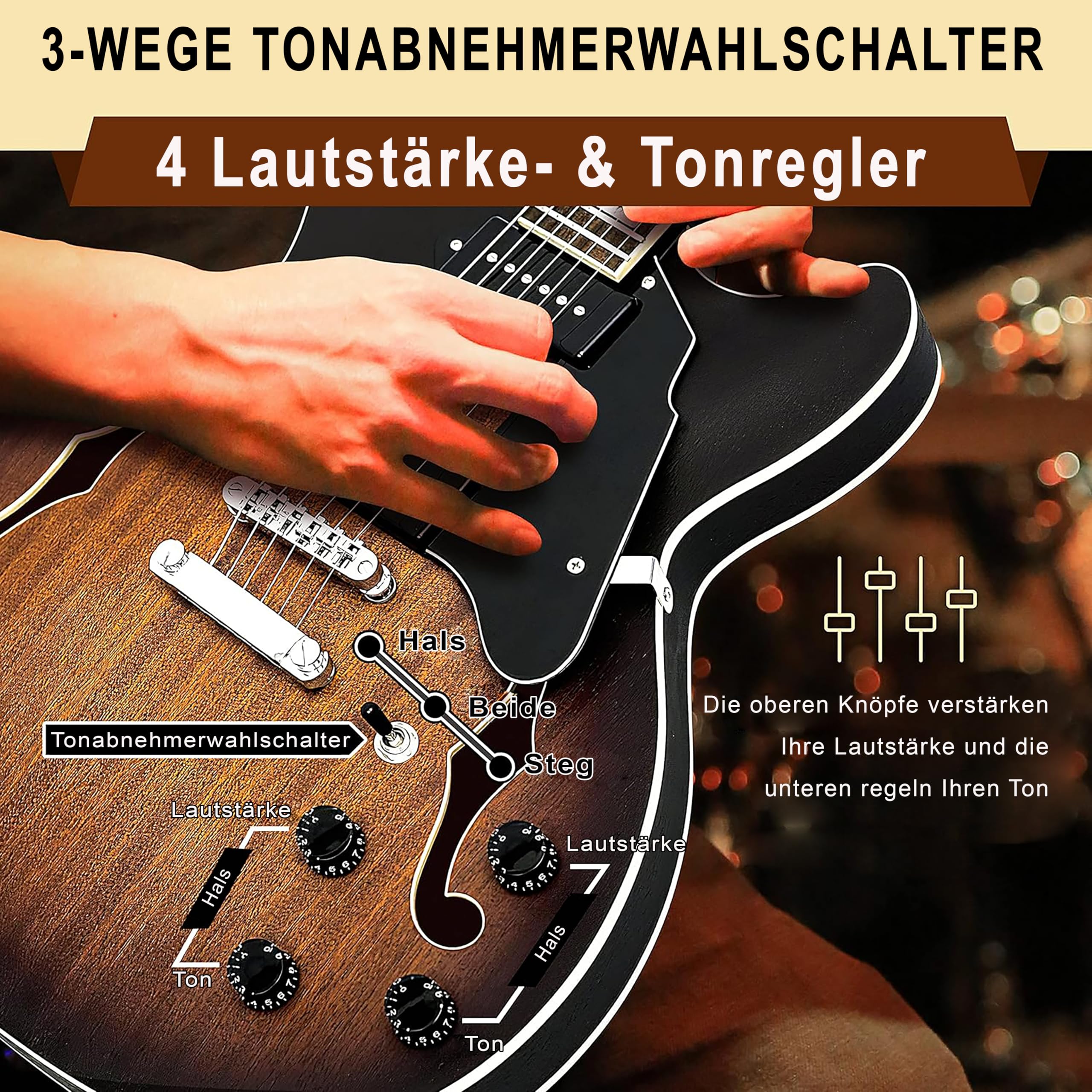 Pyle Jazz E‑Gitarre Semi‑Hollow – 6‑Saitige Vintage‑Style Gitarre mit Cutaway & Zubehörpaket – Jazz‑Sound für kreative Einsteiger & Blues‑Fans, Sunburst Look, P90 Pickups