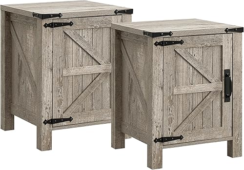 Miniatura 11 de Mesa de noche OKD con estación de carga, mesa auxiliar de 18 pulgadas estilo granja con puerta de granero y estante de almacenamiento ajustable,