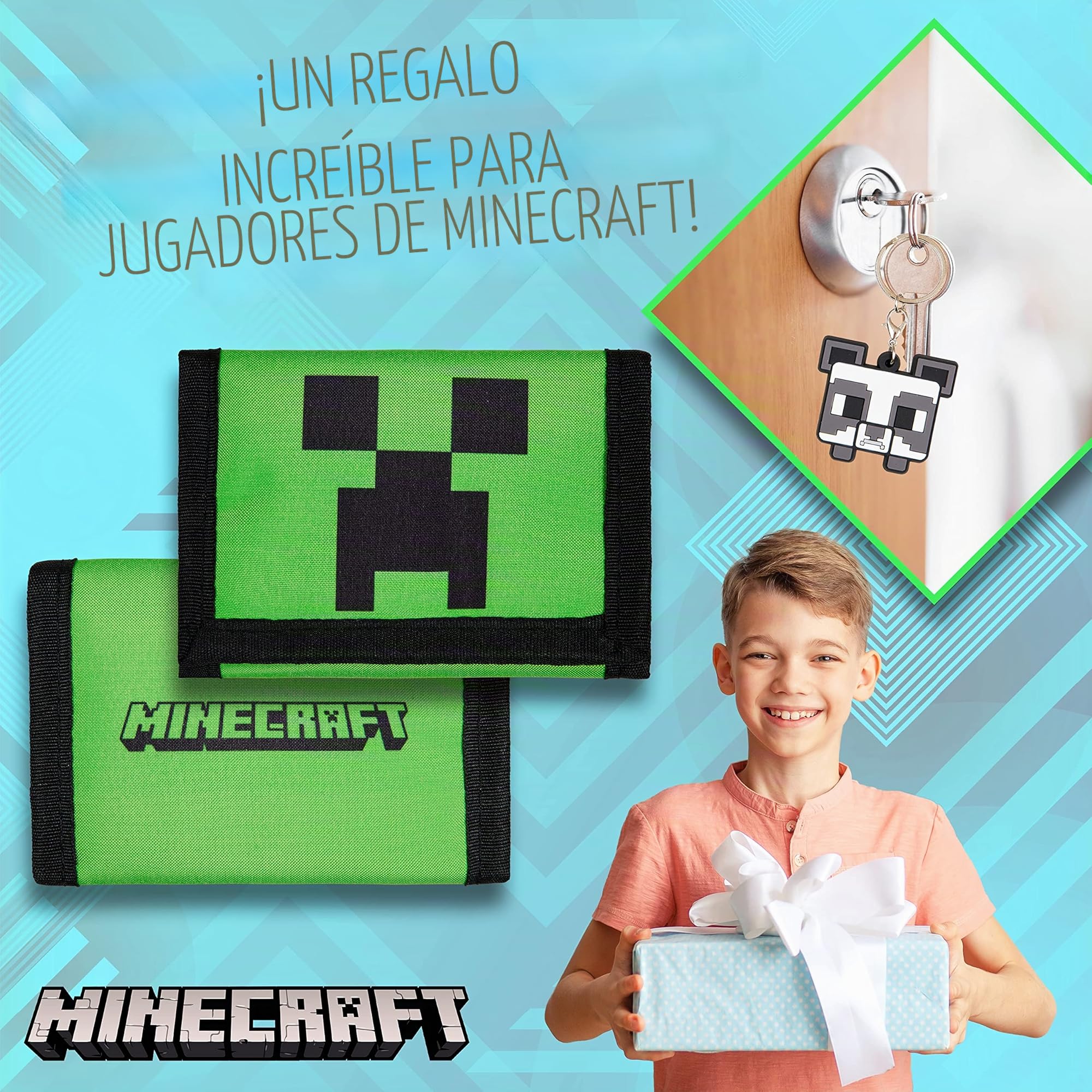 Minecraft Cartera para Niños Toda Ocasión En Poliéster con Personaje Green Creeper Monedero Verde Tamaño Bolsillo Cartera Resistente Incluye 4 Llaveros