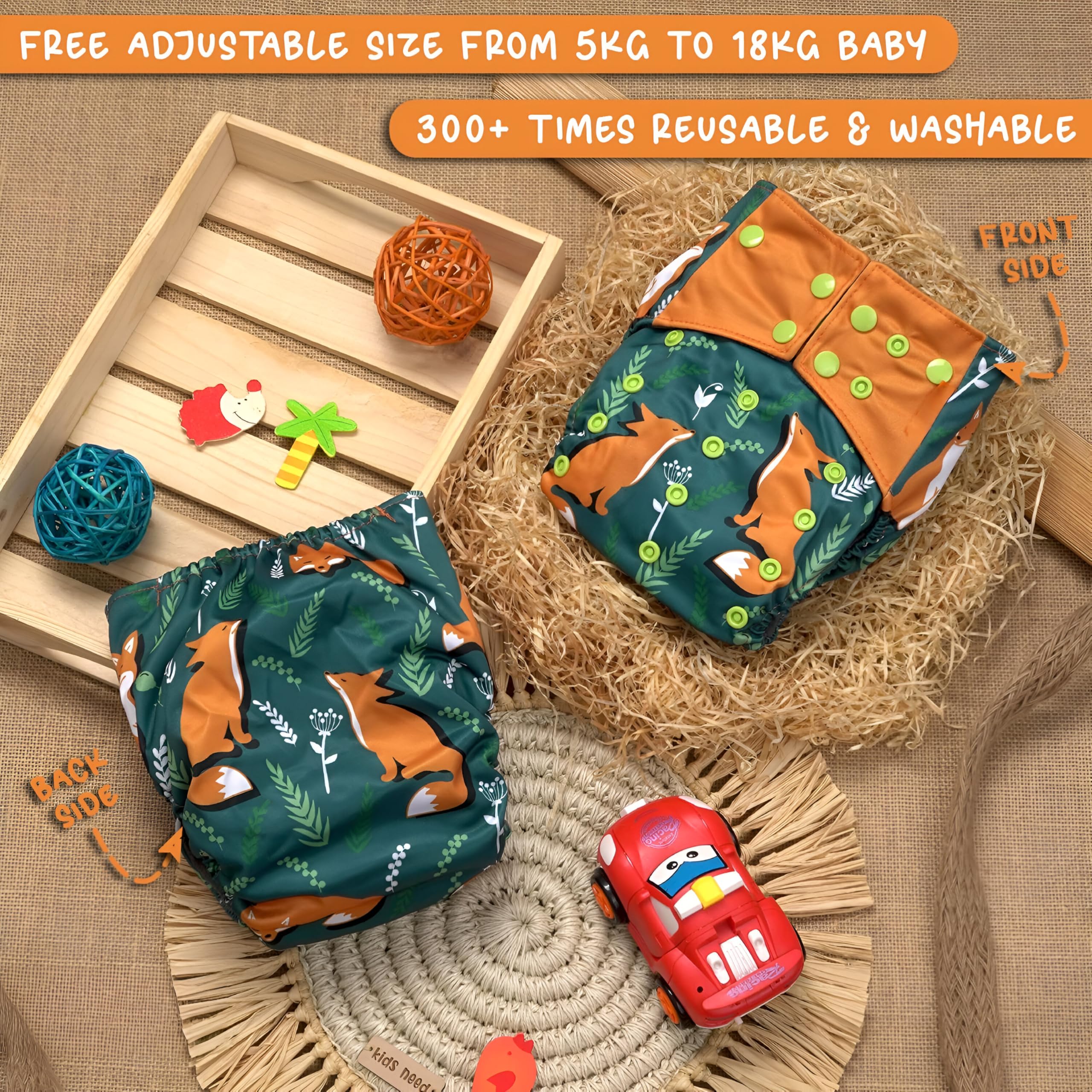 Laee cute Reusable Cloth Nappy with Fox Pattern, Green and Orange, Snap Buttons (Green+Orange) 2
