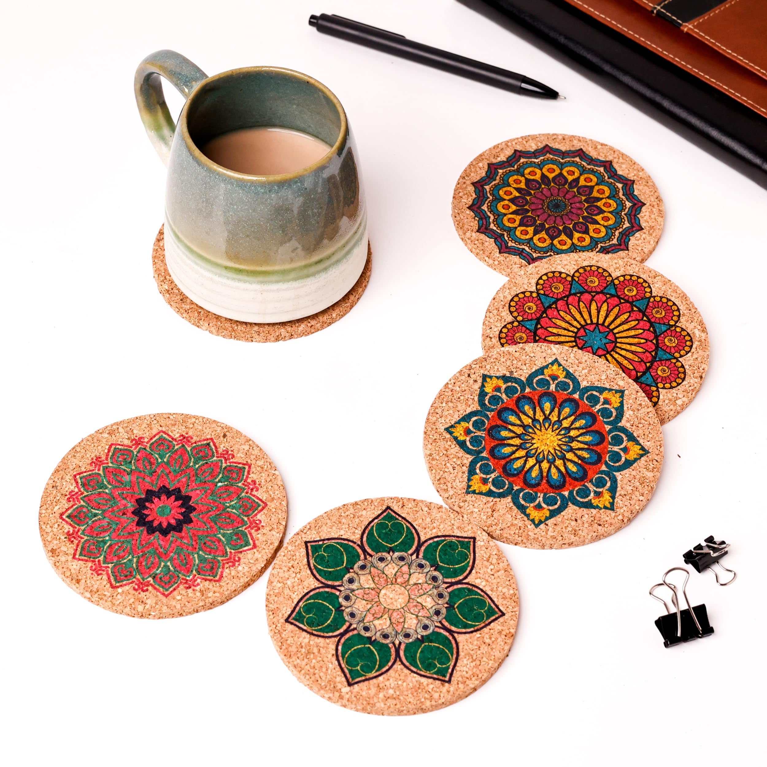 Mandala Cork Coasters Set: Set of 6 | 5mm Thickness | Round 4" Diameter | Multi-Design | Tabletop Décor |Colour Full Mandala Art Designs | Perfect for Cups, Mugs, Cans, and Glasses-image-0