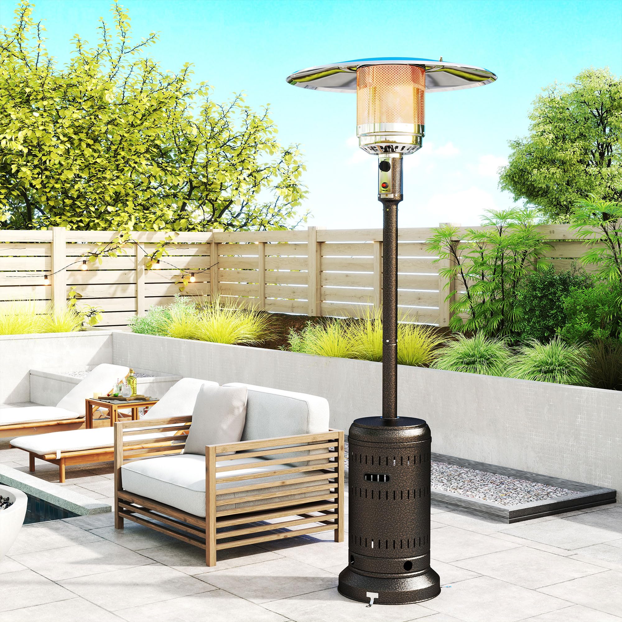 Outsunny Stufa a Gas/Propano da Esterno 11kw, con Spegnimento Automatico e Rotelle, Riscaldatore da Esterno Portatile, per Patio, Giardino e Terrazzo, 82x82x223 cm, Marrone Scuro