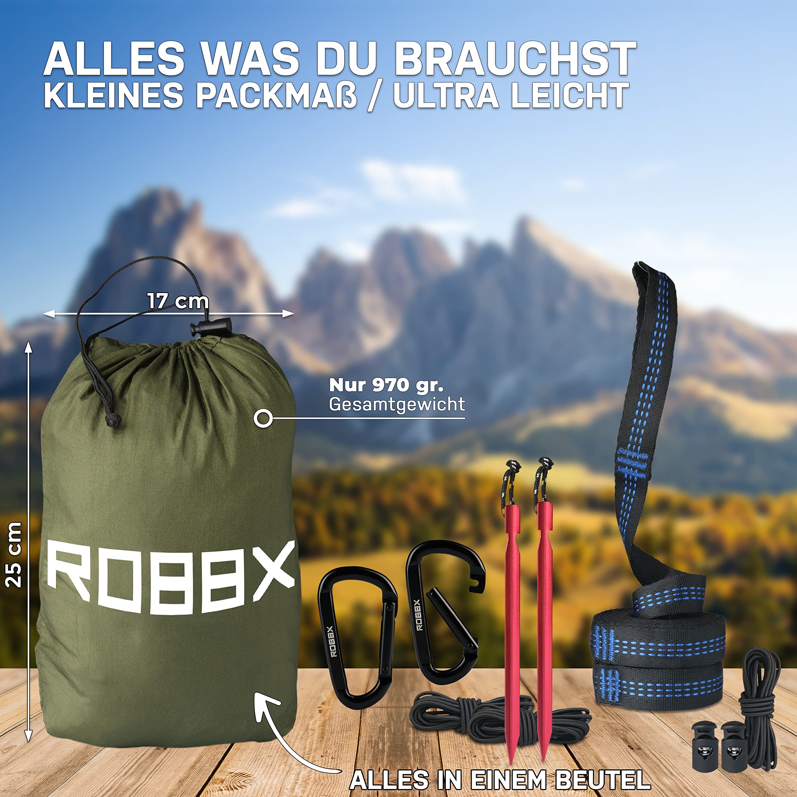 ROBBX® Hängematte Outdoor mit Moskitonetz für 2 Personen | 300kg Traglast | Doppelhängematte mit Befestigungs-Set | Nylon Camping Reisehängematte | 290x140cm Oliv