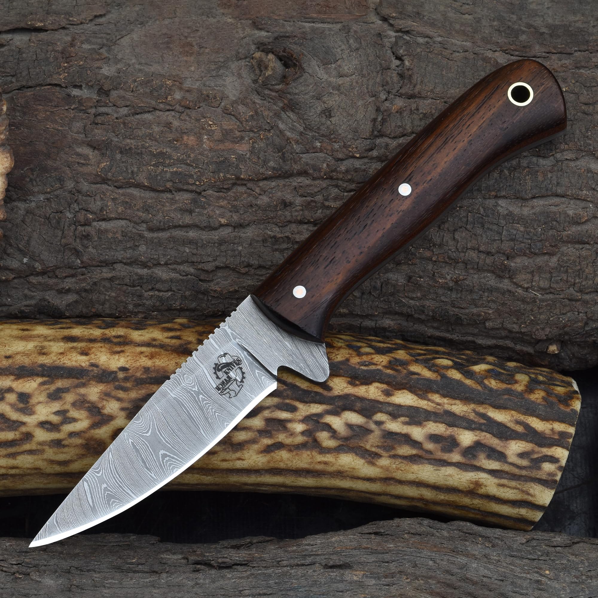 - Knives Ranch 7" Fixed Blade EDC Knife with Sheath - Damascus Steel Hunting Knife - Full Tang - Rosewood Handle - Horizontal Carry Leather Sheath Snug Fit (3056-IRW)