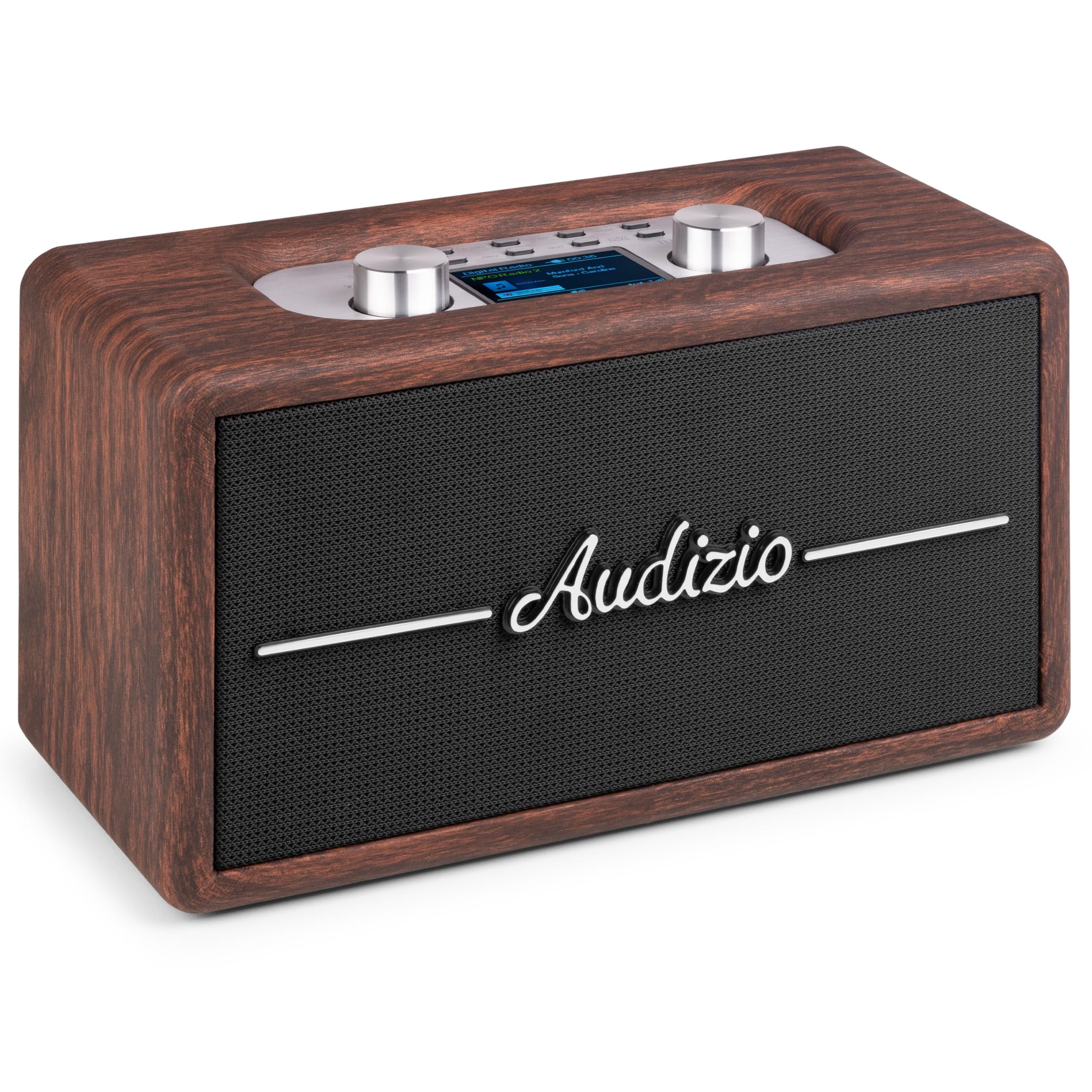 Audizio Tune60 - DAB Radio mit Bluetooth Lautsprecher, Fernbedienung, FM, 40 Watt, Batterie- Netzbetrieb, LCD, 20 Speicherplätze, USB/TF, AUX, Wecker, Leder Vintage DAB+ Radio - Dunkelbraun