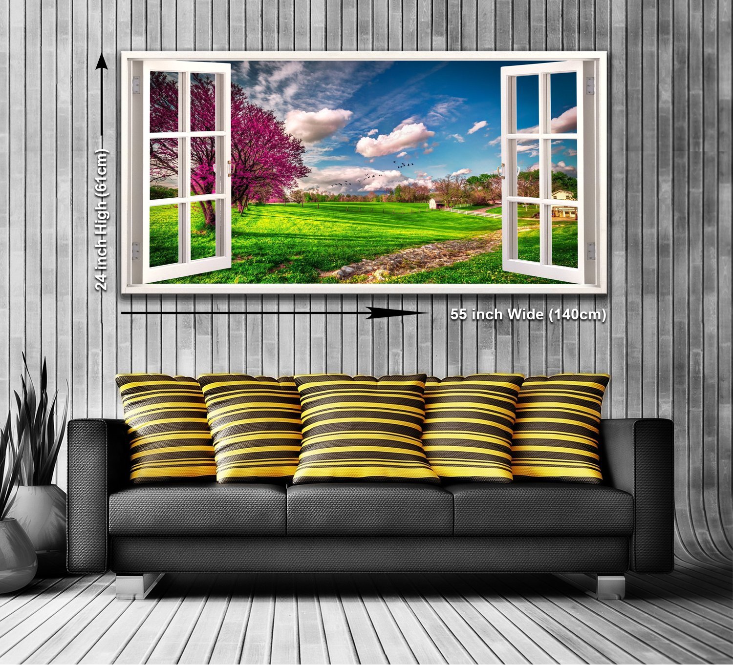 Summer in the Country View from a Window Panoramic Canvas Wall Art Print Framed XXL 55 inch x 24 inch Over 4.5 ft Wide x 2 ft High Ready to Hang