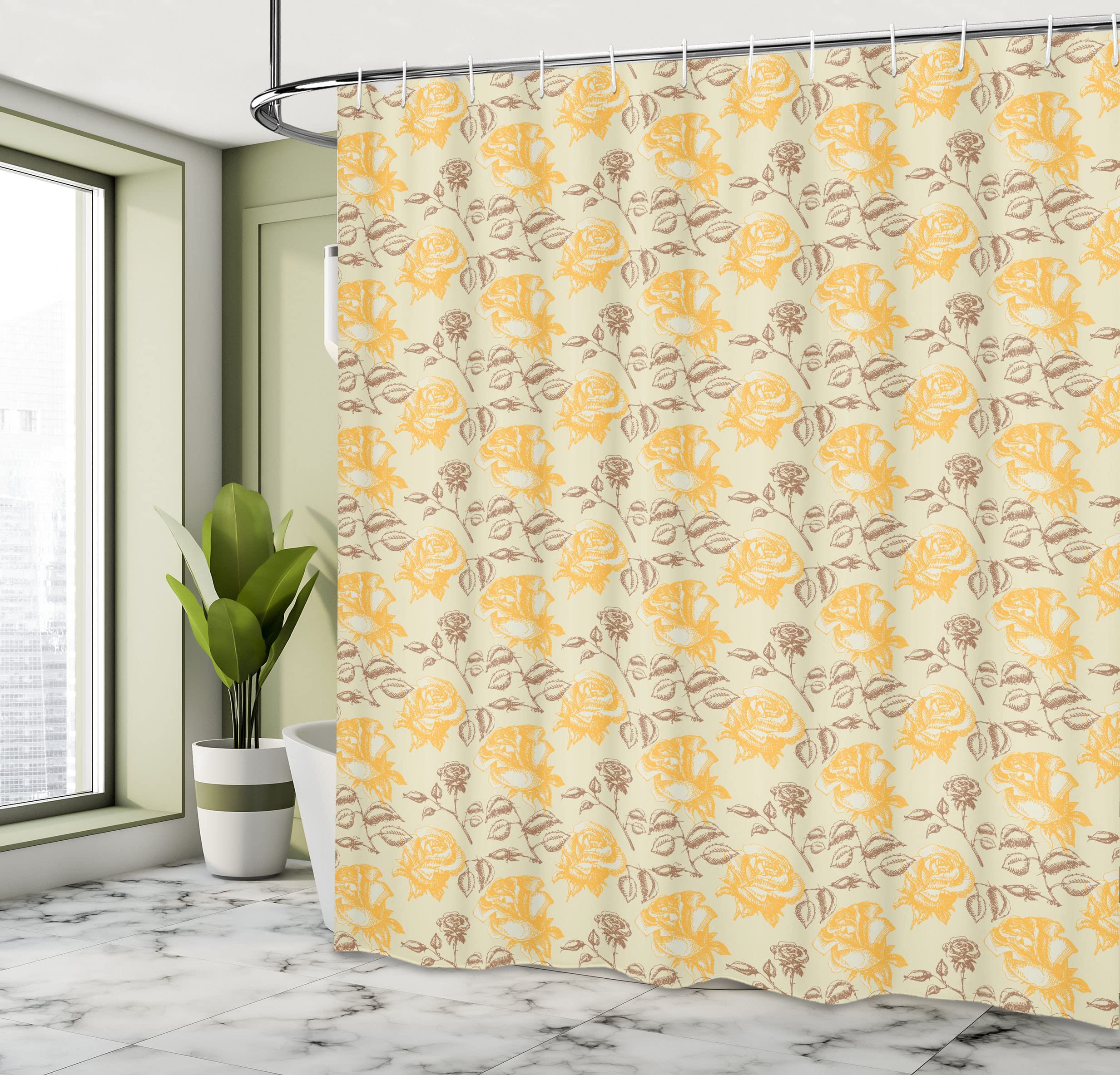 ABAKUHAUS Vintage Floral Shower Curtain, Sketch Style Romantic Roses Love Flower Valentine's Day Theme - Image 4