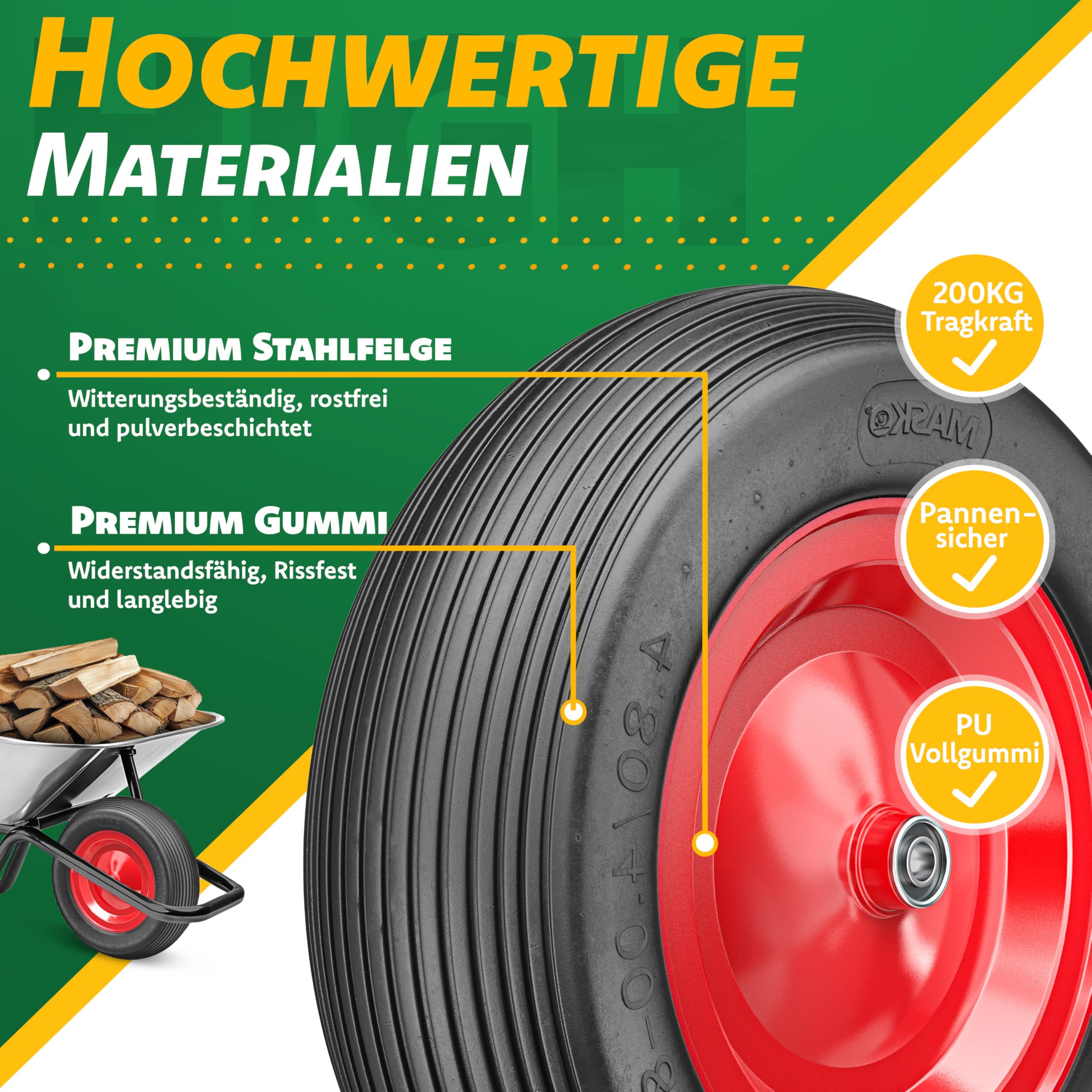 MASKO® Rueda de Carretilla de PU 200 kg sin aire 4.80/4.00-8 Ø 390mm Eje de Repuesto para Rueda de Goma de Acero Neumático sin aire para Carretilla de Jardín Rueda de PU Antipinchazos Negro/Rojo