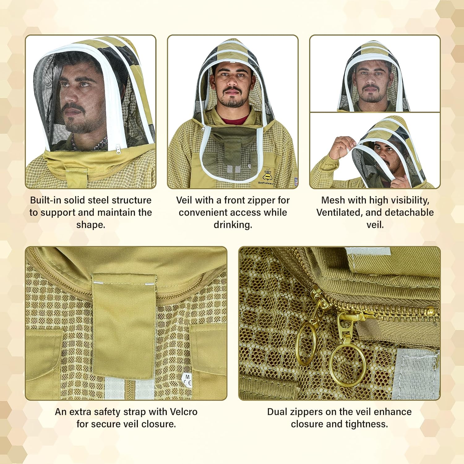 3-Layer Ventilated Mesh Bee Jacket for Men & Women with Veils Sting-Proof Beekeeping Jacket with Leather Gloves & Bag