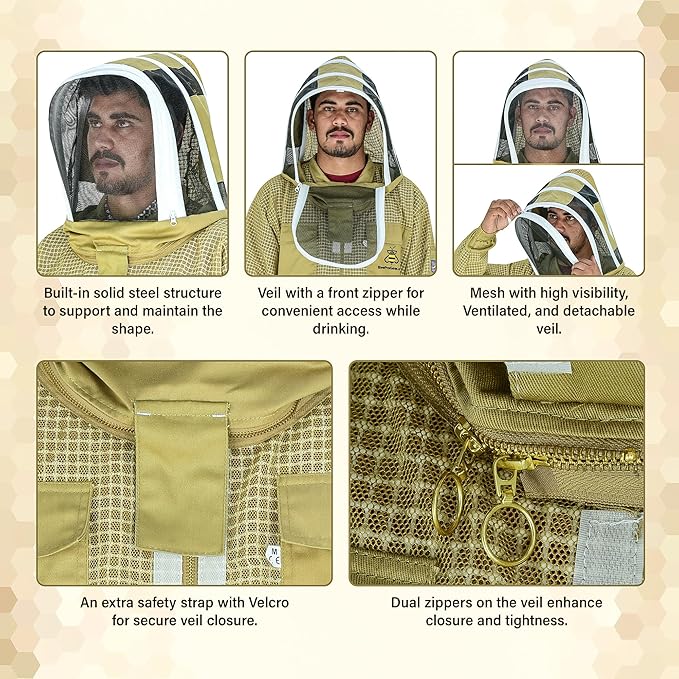 Chaquetas Apicultura 3 Capas Mallas con Velos Antipicaduras y Guantes Cuero miniatura 3
