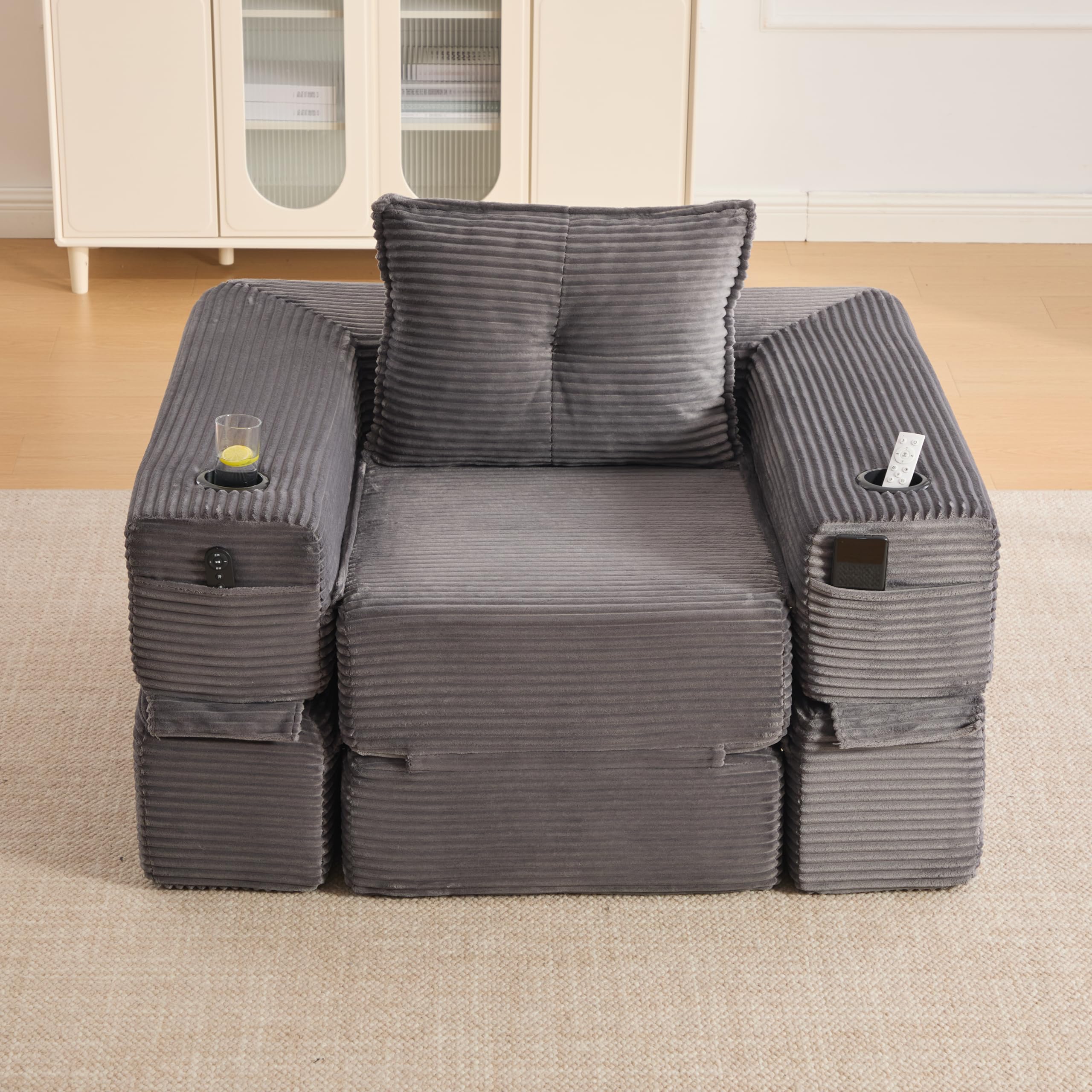 Sofá plegable de pana con espuma de alta densidad y resorte de bolsillo para asiento estable, bolsillo lateral + soporte para tazas, resto del brazo con cremallera, paquete al vacío, fácil montaje