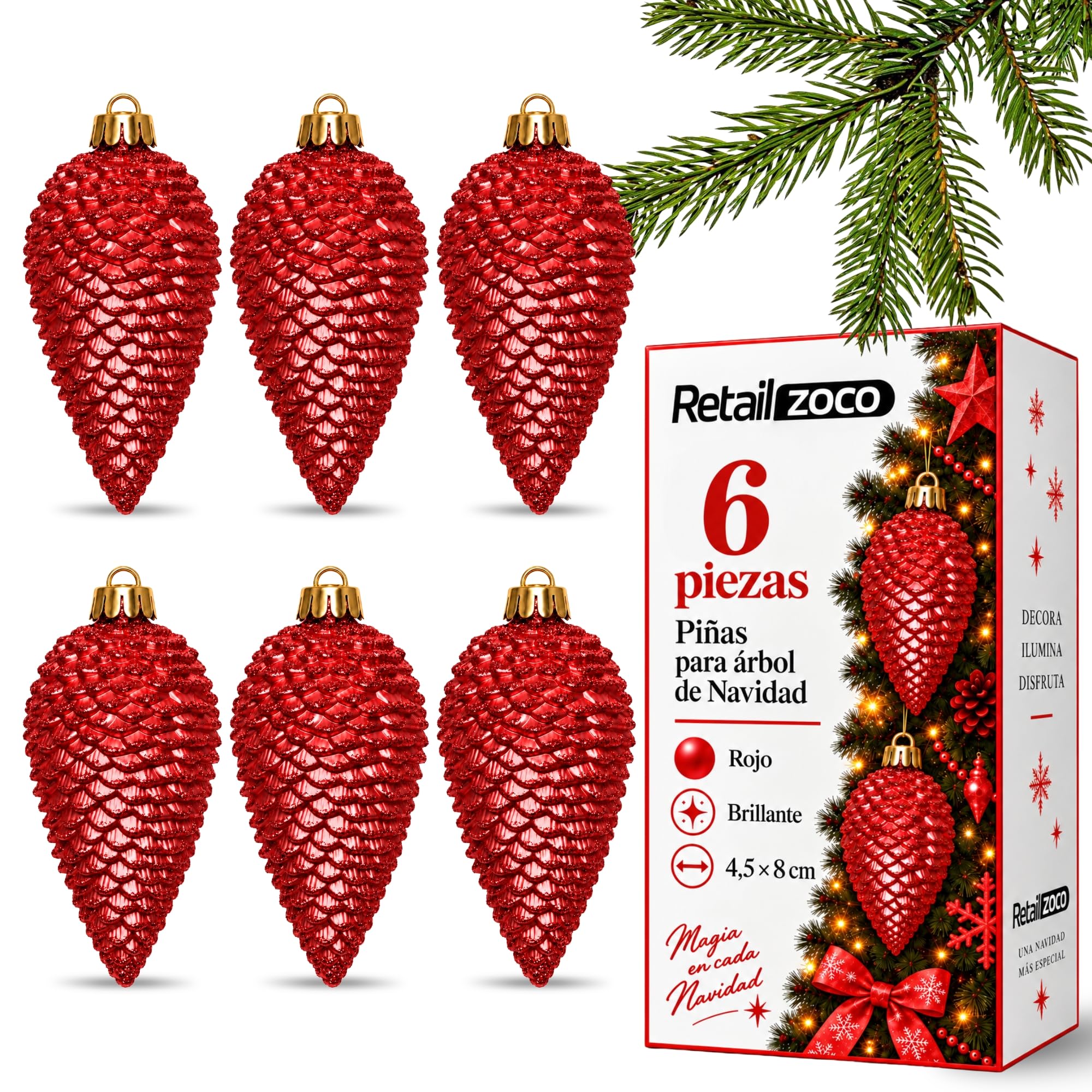 Piñas de Navidad, Adornos Arbol Navidad, 6 Piezas, Rojo - imagen 1